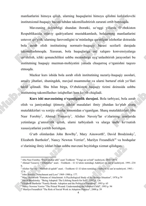 onalnoe blagosostoyanie v razvitom sotsialisticheskom obshestve / pod red. n.m.rimashevskaya i s.i.karapetyan. m.: misl, 1985.-237 s.] [12: kartseva, ji.b. model semi v kontekste menyayushegosya rossiyskogo obshestva / dj.i.b. kartseva // sotsiologicheskie issledovaniya. - 2003.-№7.-s. 92-99.] [13: kuznetsova i.m. novoe v usinovlenii detey // jurnal rossiyskogo prava, 2013,] [14: makeeva a.a. dvustoronnie mejdunarodnie dogovori kak faktor obespecheniya prav rebenka. jurnal rossiyskogo prava, 2013, № 1.] [15: slyusareva n.d. aktualnie problemi rossiyskogo prava, 2012, № 1. ] o‘zbek olimlaridan zaitov e.x., xolmurodov.g‘.o‘[footnoteref:16], feruza ibratova, zamira esanova, umida shorakhmetova[footnoteref:17], s. xaydarov, m. ma’mirbekova, n. qobilova[footnoteref:18], latipova n.m.[footnoteref:19]., sh.a. ahadov va boshqalar mavzuni tadqiq etmoqdalar. [16: zaitov e.x., xolmurod g‘.o‘. ota-ona qaramog'isiz qolgan bolalar bilan ijtimoiy ish amaliyoti. – toshkent: 2024. – darslik.] [17: feruza ibratova, zamira esanova, umida shorakhmetova – “essence and social significance of the institute for adoption of a child in the republic of uzbekistan” (2021)] [18: s. xaydarov, m. ma’mirbekova, …