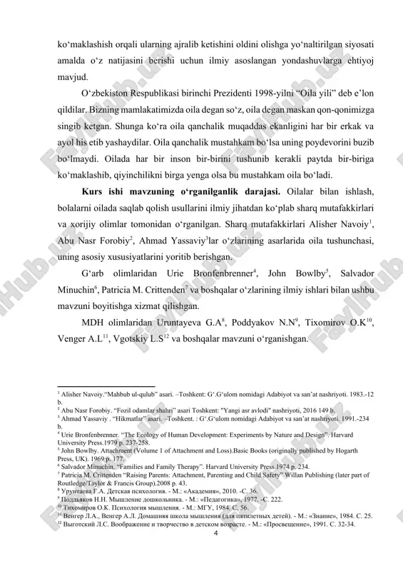 eref:13], m.ganiyeva[footnoteref:14], n.latipova[footnoteref:15], e.zaitov[footnoteref:16] mavzuni tadqiq etmoqdalar. [13: t.narboyeva “bolalar bilan ijtimoiy ish amaliyoti” international journal of education, social science and humanities (ijessh). farspublishers.org. 2023 5-12 b.] [14: ganiyeva m.x. ijtimoiy ish asoslari. metodik qo‘llanma.-toshkent: chashma print.2010.-b.10.] [15: latipova n.m. sotsialnaya priroda sirotstva detey: prichini i sledstviya. // materiali mejdunarodnogo foruma “sotsialnaya zashita i integratsiya v obshestvo detey s osobimi potrebnostyami”. – tashkent, 2016. – s. 98.] [16: zaitov e.x. ota-ona qaramog'isiz qolgan bolalar bilan ijtimoiy ish amaliyoti. – toshkent: 2024. – darslik.] kurs ishining obyekti muayyan sharoitlarda bolalarni oilasida saqlab qolishga ehtiyoji mavjud bo‘lgan oilalar bilan olib boriladigan ijtimoiy, psixologik va pedagogik ishlar tizimi hisoblanadi. kurs ishining predmeti oila bilan ishlash, bolani oilada saqlab qolish usullarining o‘ziga xos xususiyatlari. kurs ishining maqsadi va vazifalari. kurs ishimizning maqsadi sifatida mavzuning yangi usullarini qo‘llash tizimini o‘rganish va takomillashtirish bo‘yicha takliflar ishlab chiqishdir. qo‘yilgan maqsaddan kelib chiqib quyidagi vazifalar ilgari surildi: · …