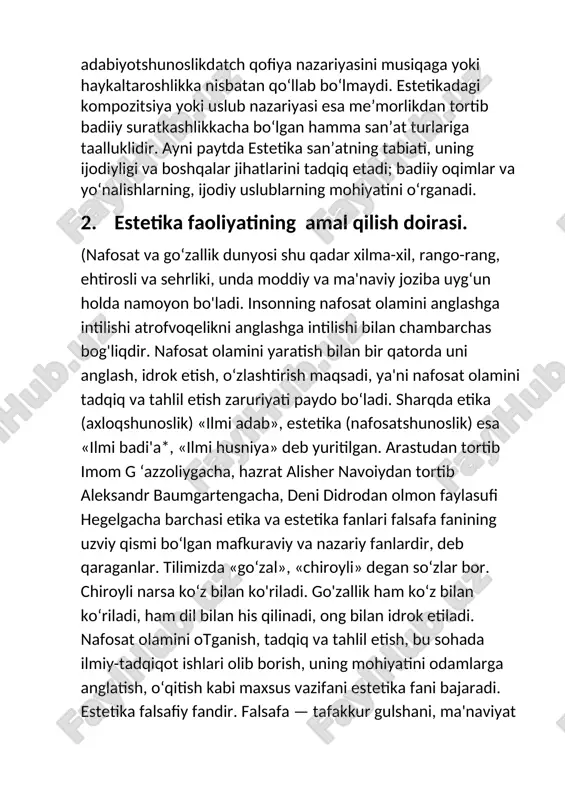 qilganlar. bu davrda yunonistonda polislar (shahar davlatlar) shakllangan. dehqonlar va hunarmandlarning urugʻ zodagonlari bilan kurashi natijasiga qarab polisdagi davlat hokimiyati yo demokratik (afinada) yoxud oligarxik (sparta, krit o.da) tarzda boʻlgan. iqtisodiy jihatdan taraqqiy etgan polislarda (korinf, afina va boshqalar) qulchilik keng tarqalgan; sparta, argos va boshqalarda urugʻchilik tuzumi qoldiqlari saqlanib qolgan. miloddan avvalgi 6-asrda polislar sparta boshchiligida peloponnes ittifoqiga va fiva rahbarligi ostida beotiya ittifoqiga birlashganlar. v-iv asrlar polislarning eng ravnaq topgan davri sanaladi. u yunonfors urushlarida (500—449) yunonlarning gʻalabasi natijasida afinaning yuksalishi va delos ittifoqining (afina boshchiligida) barpo etilishi bilan bogʻliq boʻlgan. xulosa oʻzbek milliy estetikasi taraqqiyoti tarixan mintaqaviy tabiatga ega boʻlib, uning ildizlari dastlab avesto, keyin moniylikning muqaddas kitobi xuastuanift (za.)ga borib taqaladi. islom dini qabul qilingach, milliymintaqaviy estetika qurʼoni karim oyatlari va hadisi sharifdagi "alloh goʻzal va u goʻzallikni sevadi" degan tamoyil asosida rivojlandi. bunda mashshoiyyunlik (forobiy, ibn sino) bilan yonmayon tasavvuf estetikasida kubroviylik (najmiddin kubro). joʻmardlik …