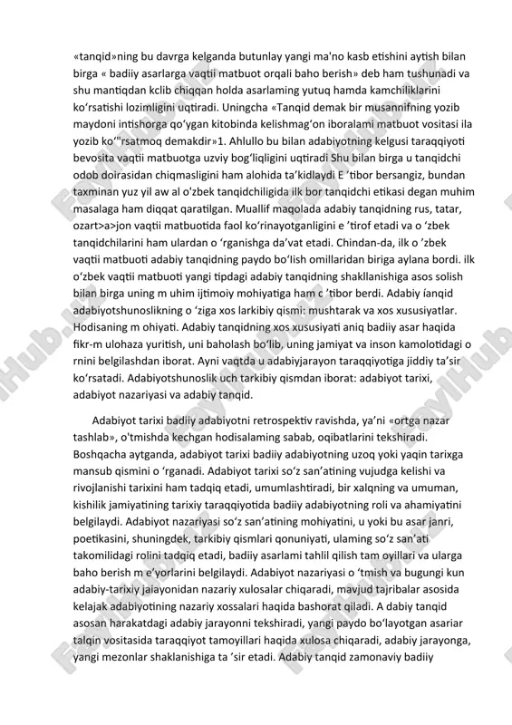 lil qilish va baholash xususiyatini kasb etgan; ijtimoiy-falsafiy estetik qarash shaklida adabiyot va jamiyat munosabatlari qay darajada in’ikos topganini zam on mafkurasi prizmasidan o ‘tkazgan holda umumlashtirish san’ati darajasiga ko‘tarilgan. binobarin, san’at qanchalik ichki xilma-xiuikka ega bo‘lsa, tanqid ham o‘sha sohalarga tegishlilik kasb etadi. bunga teatr va kino tanqidini misol qilib ko‘rsatish mumkin. badiiy adabiyot muammolariga daxldor tanqid adabiy tanqiddir. chunki adabiy tanqidning qiziqish doirasini so‘z san’ati - badiiy adabiyot tashkil etadi. hozirgi tushunchamizdagi o ‘zbek adabiy tanqidining shakllanishi o ‘zbek vaqtli matbuotining tug'ilishi va rivoji bilan chambarchas boguiqdir. vaqtli matbuot adabiyotga aloqador bu yangi sohani taraqqiy ettirishga katta hissa qo‘shdi. nashr etilgan badiiy va taijima asarlariga vaqtli matbuot sahifalarida taqrizlar berildi. bu taqrizlar adabiy tanqid uchun keng va izchil shaküanish yo‘lini ochdi. xx asr boshlaridagi o ‘zbek vaqtii matbuoti sahifalarida adabiy tanqid haqida, uning ahamiyati, ijobiy ta’siri. umuman, adabiyotning taraqqiyotidagi roli haqida qimmatli maqolalar chop etildi. masalan «sadoyi turkiston» …