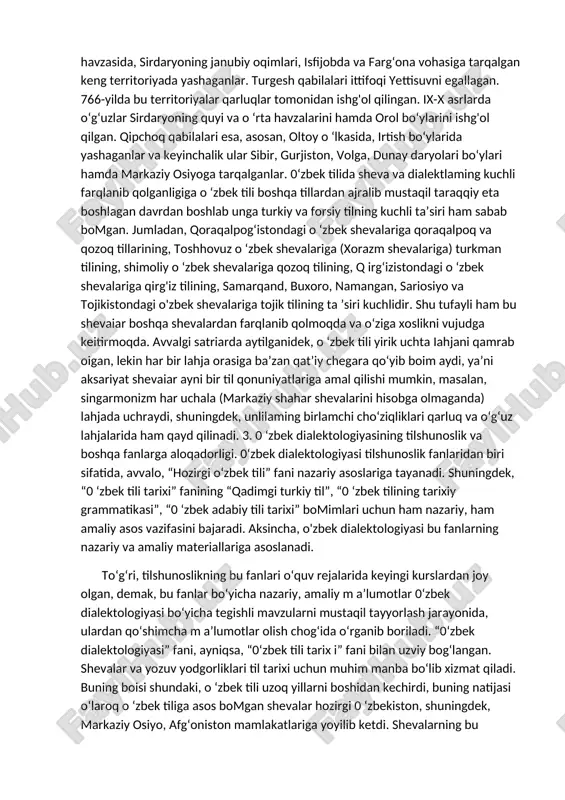 n farq qilgan holda, muayyan guruhdagi shaxslaming umumxalq tilidagi so‘zlarga o‘z manfaatlaridan kelib chiqib, o‘zgacha ma’no kasb etishlari yoki muayyan soha - kasb-hunar leksikasi, terminologiyasidan faqat shu soha kishilarining o‘zlarigina foydalanishlari asosida vujudga keladi. ular biror sheva yoki dialekt xususiyatiga teng emas. ijtimoiy dialektda shevaga oid so‘zlar ham ba’zan qatnashishi mumkin. boshqacha aytganda ijtimoiy dialektda o‘ziga xos fonetik va grammatik xususiyatlar bommaydi, lekin ayrim leksik xususiyatlari bo‘lishi mumkin. 0 ‘zbek dialektologiyasi ijtimoiy dialektni o‘rganmaydi, ijtimoiy qatlamlar “til”i sotsiolingvistikaning boshqa bo‘limlari ob’yektidir. 2. 0 ‘zbek tilining nturakkab dialektal tarkibl proftssor e. d. polivanov “0 ‘zbek dialektologiyasi va o‘zbek adabiy tili” nomli asarida (1933) o‘tgan asming birinchi choragidayoq o‘zbek tili o‘zining ko‘p shevaliligi bilan boshqa turkiy tillardan ajralib turishi haqida ma’lumot bergan edi. keyingi tadqiqotlar buni tasdiqlagan. uning tub sababiari bir necha omillarga borib taqaladi. professor v. v. reshetov o'zbek tili dialektal kartasining rang-barangligini uning etnogenezisidan qidirish lozimligini uqtiradi. tariximizga oid adabiyotlar …