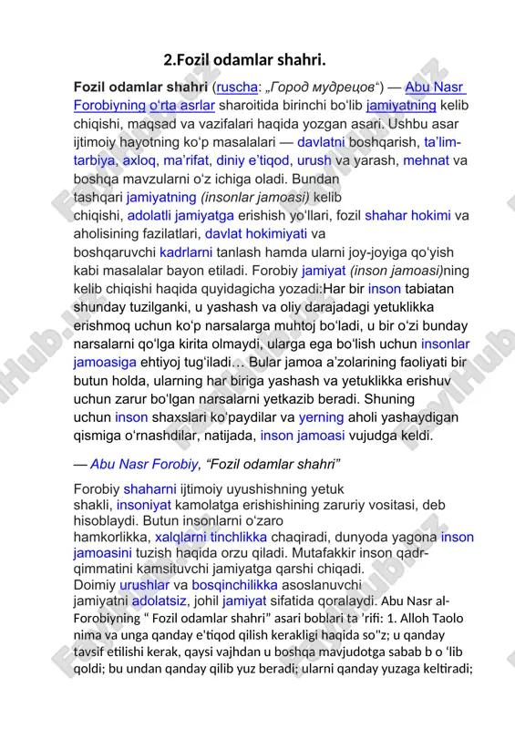 zimi, insoniyat jamiyati haqidagi nodir va dono fikrlarga duch kelamiz. ix-x asrlarda yashab, ijod etgan “arastu falsafasi”, “fozil odamlar shahri”, “ilmlarning kelib chiqishi toʼgʼrisida” asarlaridan namunalar kiritilgan. kitob faylasuflarga, tarixchilarga, adiblarga va shu soha bilan qiziquvchi oʼquvchilarga moʼljallangan. birinchi mavjud boshqa barcha mavjudot borligining birinchi sab ab id ir. bomishi m um kin bomgan tu rli-tu m a n kamchiliklarning barchasidan ozod-pokdir. undan boshqa barcha mavjud narsa nuqsonlik bomishi ehtimolidan xoli emas. (n uqson) birgina bomishi m um kin va yo birdan ko‘p bomishi mumkin. ammo zoti avvalga kelsak, u barcha nuqsonlardan xolidir. uning borligm barcha (borliq) dan afzal2 va boshqa borliqlardan oldin kelur, uning borligmdan yana ustun bomgan va undan oldin keladigan boshqa borliqning bomishi ham mumkin emas. demak, u borliq ustunligi (fazilati) borasida eng yuksak darajadadur, borliq mukammalligi nuqtai nazaridan qarasak, u eng yuqori martabadadur. shuning uchun uning borligm bilan javhari ning3 yo'qlik qorishmasi hech qaysi holatda ham …