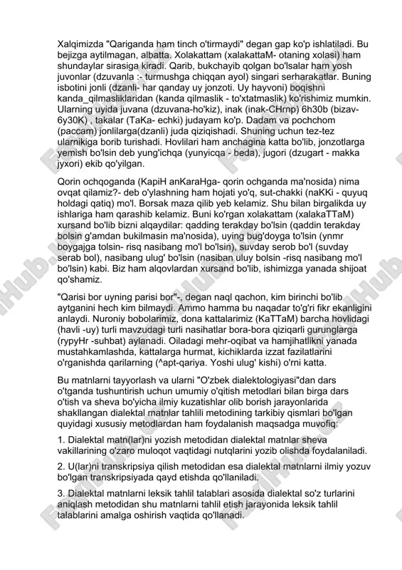 ibor qaratish lozim bo'ladi. shuning uchun ham bu tahlilni "hozirgi o'zbek adabiy tili" fanidagi tahlildan farqlagan holda dialektal matnlarning nekcuk tahlili deb nomlasak, o'rinli. darslarda bu tahlildan foydalangan holda uni dialektal matnlarning tahlili metodi deb atash maqsadga muvofiq. bunda ham dialektal matnga e'tibor qaratiladi, ham u asosida shakllangan metodga ham e'tibor qaratiladi. shu o'rinda quyidagi dialektal matn va uning mazmun-mohiyatiga murojaat qilsak: izoh: matndagi bir qancha so'zlar oldingi dialektal matnda turli rangda berilgani uchun bu ikki matndagi dialektal so'zlar qavs ichida qoraytirib, so'ng ma 'nosi berilgan. mening yangam(jängäm // h3hr3m - kelinoyi) ajoyib ayol. u har qanday ishni chin dildan bajaradi. mana hozir ham u dalada. boshida zaynovi (zäynavi - yashil), bika (bi'kä - pushti rang (och qizil) va qara (qapä- qora rang) ranglar aralash kassingka qo'lida grabl (gräbl - haskash(mehnat quroli)) olib ishlamoqda. daladan bo'sh vaqtlarida u tikuvchilik bilan shug'ullanadi. u joynomoz (dzafinamaz -joynomoz), lo'la (lolä- bolish), qariyalar uchun …
