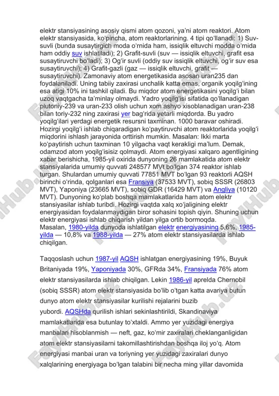 iga qarab, issiqlik elektr stansiyasi tuman, sanoat korxonalari, qishloq, shahar miqyosida, kommunal xoʻjalikda, t.-yil transportida foydalaniladigan xillarga boʻlinadi. issiqlik elektr stansiyasi yaxlit elektr tizilmalarga birlashtirilib yoki alohida ishlatilishi mumkin. issiqlik elektr stansiyasi 19-asr 80-yillarida kurila boshlagan. ilk issiqlik elektr stansiyasi new yorkda qurilgan (1882). rossiyada dastlabki issiqlik elektr stansiyasini muhandis m. k. polivanov moskvada qurgan (1906). oʻzbekistonda dastlabki issiqlik stansiyasi 20-asr boshlarida qurilgan (qarang issiqlik energetikasi). oʻzbekistonda 10 ta issiqlik elektr stansiyasi ishlab turibdi (2002). respublikadagi eng yirik issiqlik elektr stansiyasi — sirdaryo gres (3000 mvt), yangi angren gres (1800 mvt), toshkent gres (1860 mvt), navoiy gres (1250 mvt), angren gres (484 mvt), taxiatosh gres (430 mvt), talimarjon gres (loyiha quvvati 3200 mvt) (nuristan). issiqlik elektr stansiyasi avtomatlashtirilgan korxona. qozon agregatlarida yoqilgʻi yonish jarayonlari, qozonni suv bilan taʼminlash, tok kuchlanishi va chastotasini rostlash toʻla avtomatlashtirilgan. issiqlik elektr stansiyasi agregatlari markaziy boshqarish pultidan boshqariladi. atom elektr stansiyasi, geotermik elektr stansiyalar, gelioenergetika …