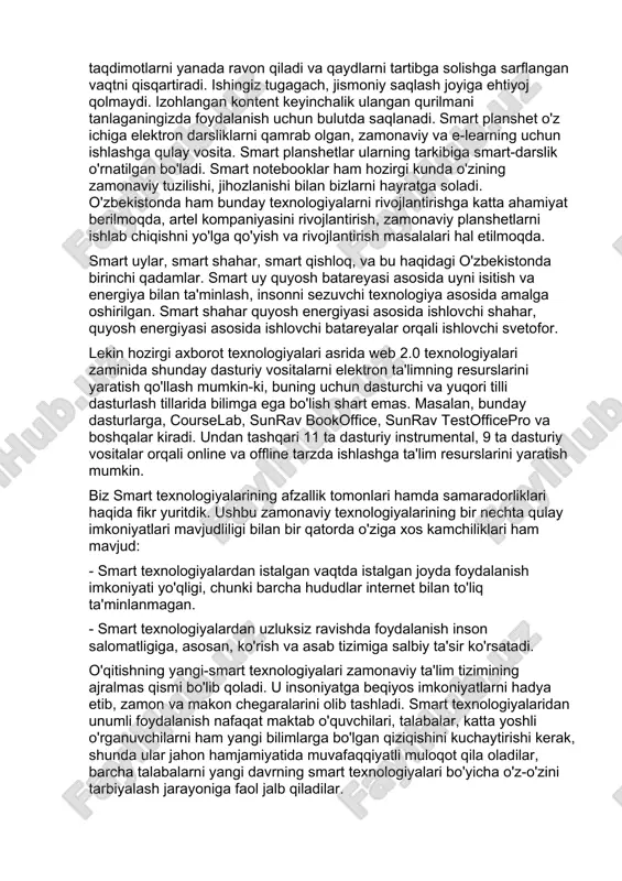 iyat yillar davomida egallagan bilimlarini topishi va ko'rishi mumkin. barcha soha yo'nalishlariga oid materiallar jamlangan. darslik bu na'munaviy reja asosida ajratilgan mavzularning mazmunini to'liq qamrab oluvchi darslik. elektron darslik, bu e-learning muhitidagi ta'limni amalga oshiruvchi axborot texnologiyalari va multimedia asosida o'qitishni ta'minlovchi darslik. elektron darslik o'zining metodik tashkiliy bilimlarni o'rgatuvchi, bilimlarni nazorat qiluvchi va xulosa qiluvchi hamda natijani beruvchi qismlarga ega. har bir elektron darslikda muqova, uni kim yaratganligi haqida, mualliflar haqida ma'lumot, nazariy qism, bilimlarni nazorat qiluvchi test qismi va xulosalovchi, ya'ni o'zlashtirishni belgilovchi qismlari mavjud. elektron darslikka qo'yiladigan asosiy didaktik talablardan biri, undagi animatsiya va ranglarning ko'zga ta'sir qilishi kam bo'lgan ranglarning tanlanishi, animatsiya va rasmlarning ranglaridagi tafovutlarga e'tibor qilishni talab etadi. smart doskalar kundan kunga hayotimizga kirib kelmoqda, ularning turli versiyalari ishlab chiqilmoqda. smart doska katta ekranda katta auditoriyadagi eshituvchilarni qamrab oladi. bu o'qituvchilar va talabalarga ekranni teginish orqali kompyuterni boshqarish imkonini beradi. smart doskalar hamkorlik qilish …