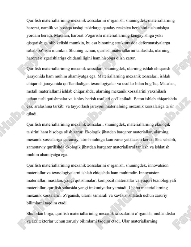 rga, qurilish materiallarining mexanik xossalarini o‘rganish, muhandislar va arxitektorlar uchun zaruriy bilimlarni taqdim etadi. ular materiallarning kuchlanish, siqilish va deformatsiya xossalarini o‘rganish orqali, qurilish jarayonida yuzaga kelishi mumkin bo‘lgan muammolarni oldini olish imkoniyatiga ega bo‘ladilar. masalan, siqilish kuchi, elastiklik moduli va burilish kuchi kabi mexanik xossalar, qurilish materiallarining tanlanishi va ishlatilishida muhim rol o‘ynaydi. xulosa qilib aytganda, qurilish materiallarining mexanik xossalari, ularning ishlatilishi va tanlanishida muhim ahamiyatga ega. ushbu xossalar, materiallarning kuchlanish, siqilish, egilish, burilish va deformatsiyaga qarshi chidamliligini belgilaydi. qurilish materiallarini tanlashda, ularning mexanik xossalarini hisobga olish, binoning mustahkamligi va uzoq muddatli xizmatini ta'minlash uchun zarurdir. shuningdek, innovatsion materiallar va texnologiyalarni ishlab chiqishda ham mexanik xossalarni o‘rganish, qurilish sohasida yangi imkoniyatlar yaratadi va ekologik jihatdan barqaror materiallarni tanlashga yordam beradi. qurilish materiallarining mexanik xossalarini o‘rganish, muhandislar va arxitektorlar uchun zaruriy bilimlarni taqdim etadi va ularning faoliyatida muhim rol o‘ynaydi. qurilish materiallarining mexanik xossalari: kuchlanish, siqilish va egilish qurilish materiallari, …