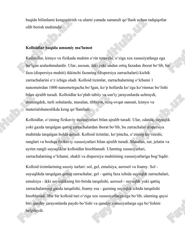 o‘ynaydi. dispersiya zarrachalari o‘lchami kichik bo‘lgani uchun, ular ko‘pincha ko‘z bilan ko‘rish mumkin emas. biroq, ular o‘zaro ta'sirda bo‘lishi va muhitning fizikaviy xususiyatlarini o‘zgartirishi mumkin. masalan, kolloidlar, suyuqlikning viskozitini oshirishi yoki kamaytirishi, shuningdek, uning rangini o‘zgartirishi mumkin. bu xususiyatlar, kolloidlarning ko‘plab sohalarda qo‘llanilishiga imkon beradi. kolloidlar, shuningdek, o‘zaro ta'sirlar orqali barqarorlikni saqlab qolishi mumkin. ular, dispersiya zarrachalari o‘rtasidagi elektrostatik kuchlar, van der waals kuchlari va boshqa intermolekulyar kuchlar orqali bir-biriga ta'sir qiladi. bu ta'sirlar, kolloidlarning barqarorligini ta'minlaydi va ularning muhitda tarqalishini osonlashtiradi. biroq, ba'zi hollarda, kolloidlar barqarorligini yo‘qotishi mumkin, bu esa ularning agregatsiyaga olib kelishi yoki cho‘kishi bilan bog‘liq. bu jarayonlar, kolloidlarning xususiyatlarini o‘zgartirishi va ularning qo‘llanilishiga ta'sir qilishi mumkin. kolloidlar, turli sohalarda keng qo‘llaniladi. masalan, tibbiyotda kolloidlar, dori vositalarini ishlab chiqarishda, ularning bioavailabilityini oshirishda va dorilarning samaradorligini ta'minlashda muhim rol o‘ynaydi. oziq-ovqat sanoatida esa, kolloidlar, oziq-ovqat mahsulotlarining tuzilishi va sifatini yaxshilashda ishlatiladi. kimyo sanoatida, kolloidlar, katalizatorlar va boshqa kimyoviy …