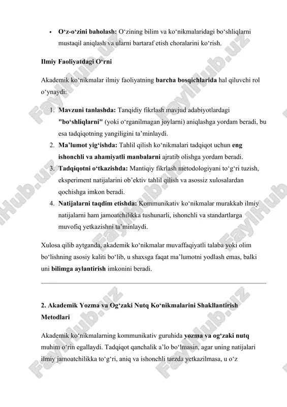 ma’lumotlar yig‘ildi, tadqiqot o‘tkazildi) yoki uchinchi shaxs (tadqiqotchi xulosa qiladi) ishlatiladi. · terminologik aniqlik: har bir atama o‘z ma’nosida, qat’iy ilmiy tushunchalar doirasida qo‘llanilishi shart. · iqtibos va havola madaniyati: o‘zga mualliflarning g‘oyalarini to‘g‘ri formatda ko‘rsatish (plagiatga qarshi asosiy ko‘nikma). apa, mla, gost kabi standartlarni amaliyotda qo‘llash. 3. yozma mashqlar metodi: · referatlash va annotatsiya yozish: boshqa bir ilmiy ishning asosiy mazmunini qisqa va professional tarzda yozib berish ko‘nikmasini doimiy mashq qilish. · qoralamani tahrirlash (peer reviewing): o‘z ishini tashqi nuqtai nazardan tanqidiy baholash, xatolarni topish va uslubni yaxshilash. yaxshilashning samarali usuli — bu hamkasblarning qoralamasini akademik mezonlar bo‘yicha tahlil qilish. og‘zaki nutq ko‘nikmalarini shakllantirish metodlari og‘zaki nutq — bu ilmiy natijalarni konferensiyalar, seminarlar yoki imtihonlarda jonli ravishda taqdim etish demakdir. 1. taqdimot tuzilmasini yaxlitlash: · yaxshi taqdimot ham yozma ish kabi aniq tuzilmaga ega bo‘lishi kerak: muammo → maqsad → metodika → natijalar → xulosa. vaqtning 80% i natijalar …