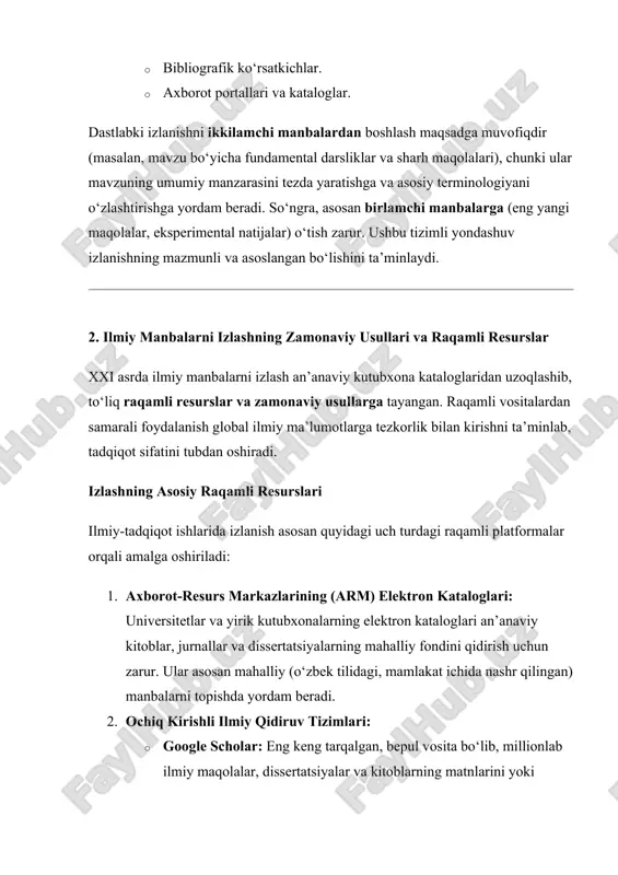 obunalari orqali ushbu nashriyotlarning jurnallaridagi maqolalarning to‘liq matnlariga kirishni ta’minlaydi. samarali izlash strategiyalari qidiruv tizimlaridan shunchaki kalit so‘zlarni kiritib foydalanish samarasiz bo‘lishi mumkin. natijalarni optimallashtirish uchun quyidagi strategiyalar qo‘llaniladi: 1. mantiqiy operatorlardan foydalanish (boolean operators): · and: bir vaqtning o‘zida barcha kalit so‘zlarni o‘z ichiga olgan natijalarni beradi (masalan, "raqamli and bandlik and o‘zbekiston"). · or: kalit so‘zlardan kamida bittasini o‘z ichiga olgan natijalarni beradi (masalan, "bandlik or ish bilan ta’minlash"). · not: muayyan so‘zni o‘z ichiga olgan natijalarni chiqarib tashlaydi (masalan, "raqamli not xorij"). · qo‘shtirnoqlar ("..."): aniq bir iborani to‘liq izlash uchun ishlatiladi (masalan, "aqlli qishloq xo‘jaligi"). 2. filtrlash (refinement): natijalarni cheklash uchun qo‘llaniladi: · yil bo‘yicha filtrlash: faqat so‘nggi 5 yoki 10 yildagi eng dolzarb manbalarni ko‘rish. · manba turi bo‘yicha filtrlash: faqat "maqolalar" yoki "dissertatsiyalar"ni izlash. · ixtibos soni bo‘yicha saralash: eng ko‘p iqtibos keltirilgan, ya’ni eng ta’sirli ishlarni birinchi o‘rinda ko‘rish. 3. "qor kuragi" usuli …