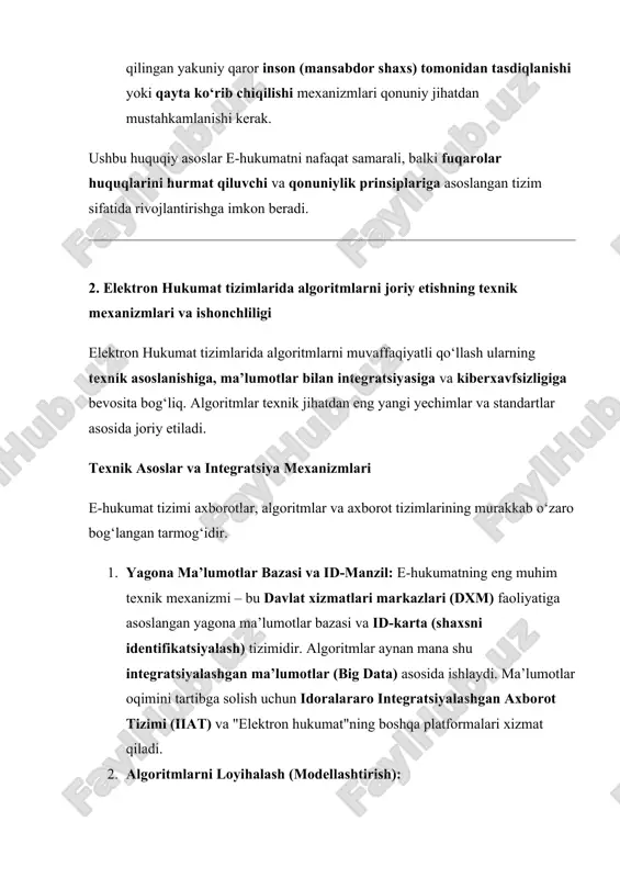 organlari tizimlari o‘rtasida algoritmlarning muammosiz ishlashini ta’minlaydi. tizim ishonchliligi va kiberxavfsizlik algoritmlar qanchalik murakkab bo‘lmasin, ularning ishonchli va xavfsiz ishlashi davlat xizmatlarining uzluksizligini kafolatlaydi. 1. kiberxavfsizlik va kriptografiya: davlat axborot tizimlari va ularni boshqaruvchi algoritmlar axborot xavfsizligi markazi tomonidan himoyalanadi. shaxsiy ma’lumotlarni uzatishda ularning shifrlanishi (kriptografik himoya) va ruxsatsiz kirishdan himoyalanishi ta’minlanadi. kiberhujumlarga qarshi himoya mexanizmlarini joriy etishga yuqori e’tibor qaratiladi. 2. xatoga chidamlilik va rezervlash (backup): e-hukumatning asosiy serverlari va ma’lumotlar bazalari xatolar va texnik nosozliklarga chidamli bo‘lishi uchun reservlash (zaxira ko‘chirish) tizimlari bilan jihozlanadi. algoritm xato qilsa yoki tizim ishdan chiqsa, uning o‘rniga avtomatik ravishda rezerv tizim ishga tushadi, bu esa xizmatlarning uzluksizligini kafolatlaydi. 3. validatsiya va tasdiqlash (testing): har qanday yangi algoritm ishga tushirilishidan oldin keng qamrovli sinovlardan (testing) o‘tkazilishi shart. bu sinovlar algoritmni turli xil ssenariylarda tekshirish va uning kutilgan natijalarga erishayotganini, shuningdek, nojo‘ya ta’sirlar (masalan, kamsitish) yo‘qligini tasdiqlash uchun xizmat qiladi. bu texnik mexanizmlar e-hukumat …