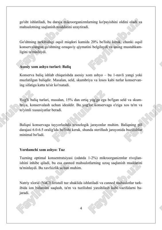 nadi; qayta ishlash jarayoni yangi shisha ishlab chiqarishdan ko'ra 20-30% kam energiya sarflaydi. shisha idishlar yuqori haroratga chidamliligi tufayli sterilizatsiya jarayonida, masalan, 121 °c da bosim ostida ishlatiladi, bu konservaning xavfsizligini ta'minlaydi. idish materiallari: plastmassa va boshqa materiallar plastmassa idishlar polietilen (pe) yoki polipropilen (pp) kabi polimerlardan tayyorlanadi, ular yengil va arzon bo'lib, ko'plab qadoqlash standartlariga javob beradi. shisha idishlar qayta ishlanishi mumkin bo'lgan materialdir va oziq-ovqat xavfsizligi uchun inert hisoblanadi, lekin plastikdan ko'ra og'irroq va sindirish xavfi yuqori. metall idishlar, odatda, po'latdan yasaladi va mahsulotni uzoq muddat saqlash uchun germetik muhitni ta'minlaydi, ammo ular plastik yoki shishaga nisbatan qimmatroq bo'lishi mumkin. xom ashyo sifatiga qo'yiladigan talablar xom ashyo tarkibida ruxsat etilganidan ortiq miqdorda nitratlar (300 mg/kg), nitritlar (10 mg/kg) va og'ir metallar (qo'rg'oshin 0.5 mg/kg) bo'lmasligi shart. konserva ishlab chiqarishda ishlatiladigan sabzavot va mevalarning pishganlik darajasi optimal bo'lishi, ularning tarkibida kamida 10-15% quruq moddalar bo'lishi kerak. xom ashyoning mikrobiologik …