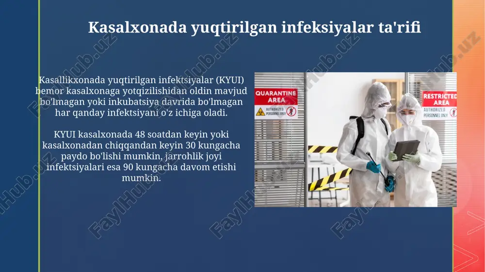 maytirish uchun qo'l gigiyenasi darajasini 90% gacha oshirishga qaratilgan keng qamrovli dasturlarni o'z ichiga oladi. profilaktika strategiyalari, xususan, kateter bilan bog'liq infektsiyalarni kamaytirish uchun standartlashtirilgan kateter kiritish protokollarini (masalan, cdc ko'rsatmalari) joriy etishga e'tibor beradi. kuzatuv usullari kuzatuv usullari, masalan, faol kuzatuv, har bir bemorni muntazam ravishda infektsiya belgilari uchun tekshiradi, kamida haftada 2 marta, 1000 bemorga. laboratoriya ma'lumotlariga asoslangan kuzatuv tizimlarida, mikrobiologik laboratoriya natijalari tahlil qilinadi, 95% aniqlik bilan, infektsiya holatlarini aniqlash uchun. xulosa hospital ichidagi infeksiyalarning oldini olish strategiyalari, jumladan qo'llarni gigiena qilish va atrof-muhitni tozalash, infeksiya darajasini sezilarli darajada kamaytirishi mumkin. antimikrobial vositalarga chidamlilikning o'sishi, hospital ichidagi infeksiyalarni davolashda katta muammolarni keltirib chiqaradi, davolash xarajatlarini 20-30 foizga oshiradi. e'tiboringiz uchun rahmat image4.jpg image5.jpg image6.jpg image7.jpg image8.jpg image9.jpg image10.jpg image11.jpg image12.jpg image13.jpg image14.jpg image15.jpg image16.jpg image17.jpg image18.jpg image19.jpg image20.jpg image2.png image3.png