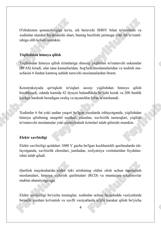 gan transport vositalari uchun 20 km/soatdan yuqori bo'lmagan tezlik belgilanishi kerak, ayniqsa, odamlar gavjum joylarda, piyodalar xavfsizligini ta'minlash maqsadida. yong'in xavfsizligi qurilish maydonlarida yong'in xavfsizligi uchun o't o'chirgichlar, signalizatsiya tizimlari va favqulodda chiqish yo'llari kabi kamida 2 ta yong'in xavfsizligi vositalari bo'lishi zarur. yonuvchan materiallar va gaz ballonlari kabi xavfli moddalar kamida 15 metr masofada saqlanishi kerak, bu esa yong'in xavfini kamaytiradi va qat'iy qoidalarga amal qilish kerak. har bir qurilish xodimi yong'in xavfsizligi bo'yicha 8 soatlik treningdan o'tishi shart, bu esa yong'in sodir bo'lganda to'g'ri harakat qilish ko'nikmalarini shakllantiradi. favqulodda vaziyatlarga tayyorgarlik favqulodda vaziyatlar rejasida evakuatsiya yo'llari, yig'ilish joylari va 72 soatlik ta'minot to'plami kabi aniq ko'rsatmalar bo'lishi kerak, shunda xodimlar harakatlarini muvofiqlashtirishi mumkin. konchilik ishlarida, tabiiy ofatlarga tayyorgarlik loyiha maydonining geologik xususiyatlarini baholashni, xavf-xatarlarni kamaytirish choralarini ko'rishni va 24/7 monitoring tizimini o'rnatishni o'z ichiga oladi. ish joyida favqulodda vaziyatlarga tayyorgarlik treninglari har chorakda o'tkazilishi kerak va turli xil …