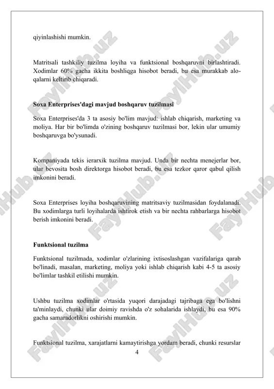 ez va moslashuvchan javob berishi mumkin. tarmoqli tuzilma 15% dan ortiq yillik o'sishni ta'minlashi mumkin, chunki u innovatsiyalarni rag'batlantiradi va har bir bo'linmaga o'z mijozlarining maxsus ehtiyojlariga moslashtirilgan mahsulotlarni ishlab chiqishga imkon beradi. soxa enterprises tuzilmasining afzalliklari soxa enterprises tuzilmasi erta qaror qabul qilish imkoniyatini beradi, bu esa bozor o'zgarishlariga 15% tezroq javob berishga yordam beradi va raqobatdosh ustunlikni ta'minlaydi. markazlashmagan tuzilma innovatsiyalarni rag'batlantiradi, bu bo'linmalar o'rtasida ma'lumot almashishni osonlashtiradi va 20% yangi mahsulotlarni ishlab chiqishga olib keladi. soxa enterprises tuzilmasi xodimlarning vakolatlarini oshiradi va 10% ga ishdan qoniqishni oshiradi, bu esa xodimlarni ushlab turish darajasini yaxshilaydi va mehnat unumdorligini oshiradi. soxa enterprises tuzilmasining kamchiliklari soxa enterprises tuzilmasida kommunikatsiya qiyinlashuvi mumkin, ayniqsa 3 darajadan ortiq boshqaruv bo'lsa, bu ma'lumot almashinuviga 25 foizdan ko'proq vaqt ketishiga olib keladi. qaror qabul qilish jarayoni sekinlashishi mumkin, sababi har bir qaror 7 dan 10 ta boshqaruv bosqichidan o'tishi kerak, bu esa bozorga moslashuvchanlikni 15 …