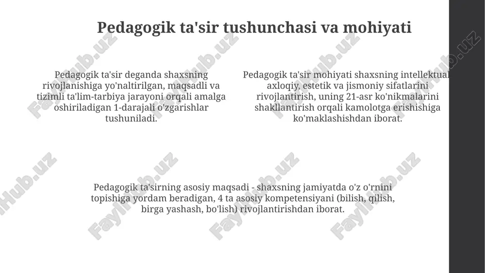 a'sirchanligi nutq madaniyatining 3 ta asosiy ko'rsatkichi: grammatik to'g'rilik, uslubiy boylik va adabiy til me'yorlariga rioya qilish, o'qituvchining obro'sini shakllantiradi. o'qituvchining nutq madaniyati 70% verbal va 30% noverbal kommunikatsiya orqali o'quvchilarga ta'sir ko'rsatadi, bu esa darsning sifatini oshiradi. pedagogik ta'sirchanlikda 5 asosiy element: ishonch, hurmat, empatiya, samimiylik va maqsad aniqligi muhim rol o'ynaydi, natijada o'quvchilar motivatsiyasi ortadi. xulosa va tavsiyalar o'qituvchilarning pedagogik ta'siri 75% hollarda samarali bo'lishi uchun, kommunikativ ko'nikmalarni rivojlantirish dasturlarini 6 oylik muddatga tatbiq etish tavsiya etiladi. kommunikativ qobiliyatlar pedagogik ta'sirni 40% ga oshiradi, shuning uchun interaktiv metodlarni qo'llash bo'yicha 3 kunlik treninglar o'tkazish maqsadga muvofiq. pedagogik ta'sirning 25% qismi o'qituvchining so'z boyligiga bog'liq, shu sababli har bir o'qituvchi yiliga kamida 10 ta yangi so'z o'rganishi zarur. e'tiboringiz uchun rahmat image1.png