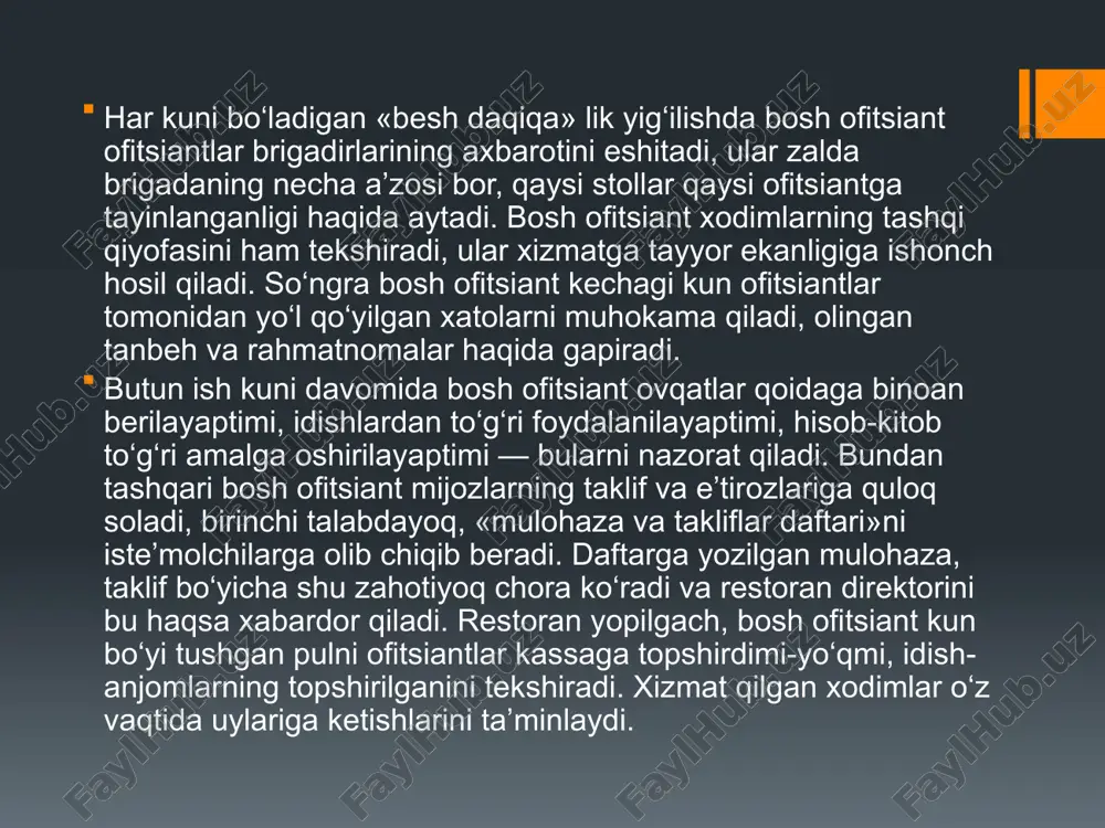 hgan bo’lib, u ish hajmlari va ishchilar soni bilan belgilanadi. servis ishlab chiqarilishini ta’kidlangan darajalarini menejmenti tezkor xo’jalik bo’linmalarni (uchastka, sex, smena, brigada) joriy (oy, yarim yil, yilgacha) va tezkor (kundalik) boshqarish va rejalashtirishga qaratilgan. kasbiy xizmatlar ko‘rsatuvchi yoki kasbiy bilimlarni talab qilmaydigan xodimlar ishlarni o’ziga xos turi – ustalarni chaqiruv bo’yicha chiqishlari, buyurtmachini uyida ishlash va boshqalar hisoblanadi. bu holda usta yuqori malaka darajasiga ega bo’lishi, korxonani ishlab chiqarish – ta’mirlash kompleksidan tashqarida xizmat ko’rsatishni eplashi uchun zaruriy instrumentlar nabori bilan ta’minlangan bo’lishi lozim. bunday turdagi ishlarga rahbarlik qilish o’ziga xos rejimda amalga oshiriladi. birinchidan, bunday xizmat ko’rsatish shakllari uchun tajribali ustaldar tanlanadi. ikkinchidan, korxona menedjerlari ularga talab holati va mijozlarni xizmat sifatiga bo’lgan talablari haqida doimiy axborot berib borishadi. uchinchidan, bu holat sifatli ishni jiddiy ko’rsatkichi sifatida shikoyatlarni yoki mijozlar bilan ziddiyatlarni bo’lmasligi namoyon bo’ladi. ko’pgina servis korxonalaridagi boshqaruvchilik e’tibori markazida servis amalga oshiriladigan jihozlar, instrumentlar holati turadi. …