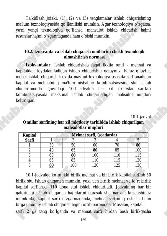 besh birlikgacha 170 o`zgarganda mahsulot ishlab chiqarish hajmi 40 birlikdan 100 birlikgacha o`zgaradi. xuddi shunday, jadvalning ustunlarini yuqoridan pastga qarab kuzatganimizda ham, mehnat sarfi o`zgarmay, kapital sarfi oshib borishiga ko`ra stul ishlab chiqarish hajmi ham oshib borayotganligini ko`ramiz. 5.1- jadvalda keltirilgan mahsulot ishlab chiqarish ko`rsatkichlarini grafikda ham tasvirlash mumkin (10.1-rasm). kapital sarfi 5 4 3 2 1 1 2 3 4 5 mehnat sarfi 10.1- rasm. ishlab chiqarish omillari sarfi o`zgarishiga ko`ra stul ishlab chiqarish grafigi. rasmda keltirilgan q1 egri chizig`i 60 dona stul ishlab chiqarishni ta′minlaydigan kapital va mehnat sarflari kombinatsiyalarini ifodalaydi. q2 egri chizig`i 80 dona stul ishlab chiqarish uchun sarflanadigan kapital va mehnat sarflari kombinatsiyalarini, q3 egri chizig`i esa 100 dona stul ishlab chiqarish uchun sarflanadigan resurslar sarflari kombinatsiyalarini ifodalaydi. rasmdagi q1, q2 va q3 egri chiziqlarga izokvantalar deyiladi. izokvanta - bu bir xil hajmdagi mahsulotni ishlab chiqarishni ta′minlaydigan ishlab chiqarish omillari sarflari kombinatsiyalarini ifodalovchi egri chiziqdir. …
