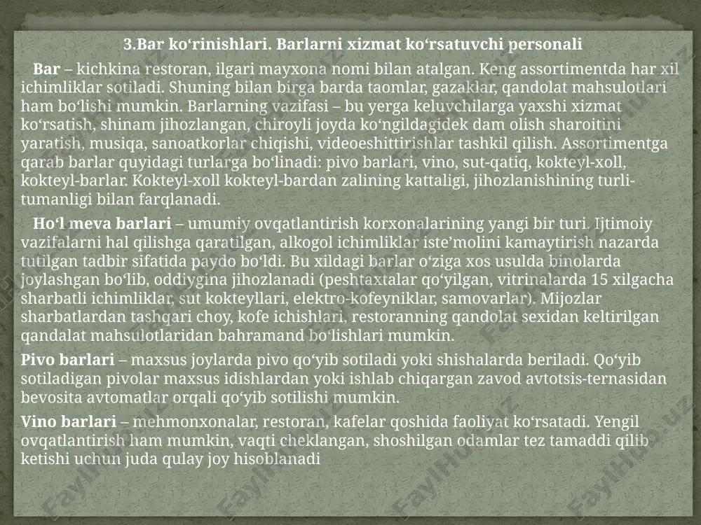 b qilmaydigan xodimlar. 3.ishlab chiqarish ishchilari yoki aqliy mehnat ishchilari. 4.servis korxonasi ishlab chiqarishini tarkibi. 5.rahbarni ishlab chiqarish siklini tartibga solish bo‘yicha vazifalari. 6.ishlab chiqarishni tezkor boshqarish bo‘g‘inlari. 1.tijorat, notijorat va davlat tashkilotlari ishchilari. to‘liq ish kunida band bo‘lgan ishchilar zamonaviy servis korxonasi boshqa rasional tartibga solinadigan xo’jalik strukturasi kabi ma’lum tizimli yaxlitlik hisoblanib, tashkiliy-boshqaruv, ishlab chiqarish – texnologik va ijtimoiy-iqtisodiy mayda tizimlar sintezidan iboratdir. servis korxonasini ko’pgina bo’linmalariga nisbatan “ishlab chiqarish”, “ishlab chiqarish uchastkasi” kabi tushunchalar ishlatilishi mumkin. ammo, xizmat sohasidagi mehnatni o’ziga xosligi, shuningdek, tarixiy an’analar sababli servis jarayonlariga nisbatan boshqa atamalar ishlatiladi. masalan, ta’lim muassasini ishlab chiqarish sifatida qarash qabul qilinmagan bo’lib, bu holda bu yerda o’quv jarayoni amalga oshiriladi deb ta’kidlanadi. shuningdek, odamlarni kasalxonada davolash, tomoshabinlarni teatrga tashrif buyurishlari, notarial kontora ishchilari tomonidan mijozlarga xizmat ko’rsatish va boshqalarga nisbatan o’ziga xos atamalar ishlatiladi. 2.kasbiy xizmatlar ko‘rsatuvchi yoki kasbiy bilimlarni talab qilmaydigan xodimlar ishlarni o’ziga xos turi …