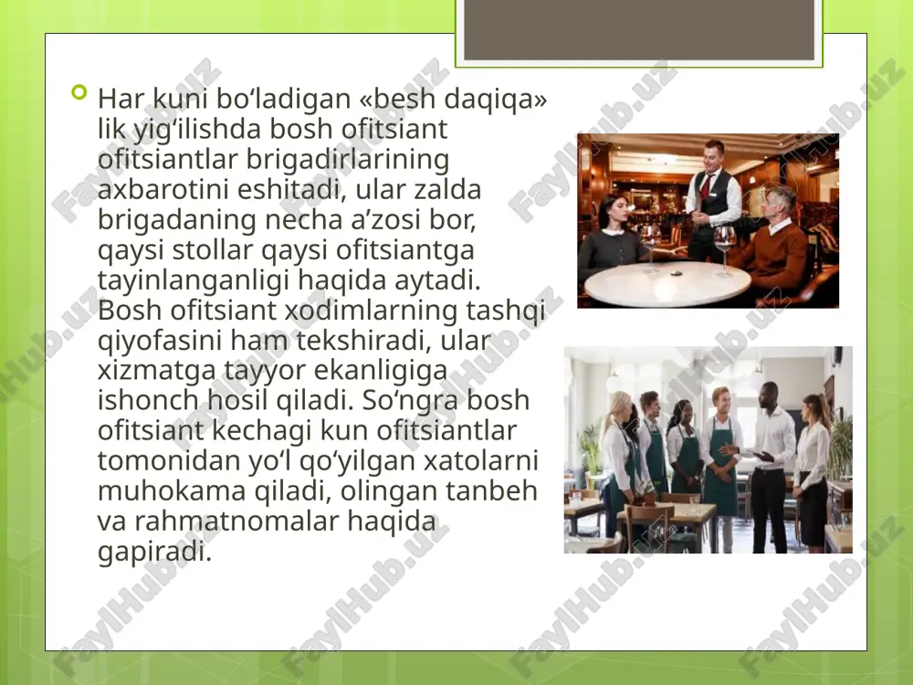 ozim. bunday turdagi ishlarga rahbarlik qilish o’ziga xos rejimda amalga oshiriladi. birinchidan, bunday xizmat ko’rsatish shakllari uchun tajribali ustaldar tanlanadi. ikkinchidan, korxona menedjerlari ularga talab holati va mijozlarni xizmat sifatiga bo’lgan talablari haqida doimiy axborot berib borishadi. uchinchidan, bu holat sifatli ishni jiddiy ko’rsatkichi sifatida shikoyatlarni yoki mijozlar bilan ziddiyatlarni bo’lmasligi namoyon bo’ladi. ko’pgina servis korxonalaridagi boshqaruvchilik e’tibori markazida servis amalga oshiriladigan jihozlar, instrumentlar holati turadi. ular texnologik, zamonaviy dizaynli, ishlatishga qulay bo’lishi, tashrif buyuruvchilarni qabul qilish xonalarida ortiqcha shovqin, titrashlarni yaratmasligi lozim. mijozga xizmat ko’rsatishda ishlatiladigan jihozni xavfsizligiga asosiy e’tibor qaratiladi. jihozlar va instrumentlarni yaxshi ishlashini saqlash, zarur bo’lganda, ularni tex ta’mirlashni ta’minlab turish kerak bo’ladi. umuman olganda, korxonani xizmat xonalarida doimiy ravishda ergonomiklik holatini, qulaylik, tozalikni saqlab turish muhim hisoblanadi. mijozlarga xizmat ko’rsatish xonalari esa yana estetik talablar va shinamlik talablariga javob berishi lozim bo’ladi. ushbu maqsadda aloqa zonasini hamma joylariga, xususan mijozlar o’rinlarini, shuningdek xizmat ko’rsatish personalini …