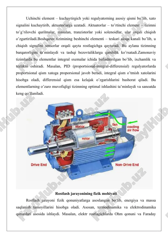 asosan, termodinamika va elektrodinamika qonunlari asosida ishlaydi. masalan, elektr rostlagichlarda ohm qonuni va faraday qonuni qo’llaniladi: kuchlanish o’zgarishi oqim va maydon kuchini o’zgartirib, chiqishni barqarorlashtiradi.fizik mohiyatda teskari aloqa orqali tizim energiyasini taqsimlash muhim. tizim energiyani kirishdan olib, chiqishda barqaror qiymatni saqlaydi. bu jarayonda entropiya oshishi oldini olish uchun nazorat mexanizmlari ishlatiladi. masalan, gidravlik tizimlarda paskal qonuni bo’yicha bosim taqsimlanadi, bu esa harakat tezligini regulyatsiya qiladi.rostlashda osillatsiya va barqarorlik masalalari fizik modellar orqali hal qilinadi. tizimning inersiyasi va kechikishi nyukvist diagrammalari bilan tahlil qilinadi, bu esa tizimning fizik parametrlarini optimallashtirishga yordam beradi. fizik mohiyatni tushunish tizimni loyihalashda muhim, chunki bu energiya yo’qotishlarini minimallashtiradi va samaradorlikni oshiradi. rostlagichlarning klassifikatsiyasi (qo’lda, yarim avtomatik, avtomatik) rostlagichlar ishlash tamoyiliga ko’ra uch turga bo’linadi: qo’lda, yarim avtomatik va avtomatik. qo’lda rostlagichlarda operator to’g’ridan-to’g’ri aralashadi, masalan, reostat orqali kuchlanishni sozlaydi. bu oddiy tizimlarda qo’llaniladi, ammo aniqligi past va doimiy nazoratni talab qiladi.yarim avtomatik rostlagichlar qisman avtomatlashtirilgan bo’lib, …