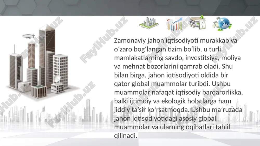di, oziq-ovqat narxlari oshadi. • suv resurslarining tanqisligi ishlab chiqarish jarayonlarini qiyinlashtiradi. • atrof-muhitni muhofaza qilish bo‘yicha xarajatlar ortadi. 17 global iqtisodiy inqirozlar va moliyaviy beqarorlik • 2008-yilgi global moliyaviy inqiroz butun dunyo iqtisodiyotiga ta’sir ko‘rsatdi. • inflyatsiya va valyuta kurslarining beqarorligi iqtisodiy rivojlanishni sekinlashtiradi. • davlat qarzlari ortib bormoqda, bu esa kelajakdagi barqarorlikka tahdid soladi. iqtisodiy ta’siri: • bank tizimiga ishonch pasayadi, investitsiyalar kamayadi. • ishsizlik ortadi, talab va iste’mol darajasi pasayadi. • savdo aloqalari uzilib, ishlab chiqarishning pasayishiga olib keladi. 18 jahon iqtisodiyotining asosiy global muammolari iqlim o‘zgarishi, kambag‘allik, ishsizlik, oziq-ovqat xavfsizligi, moliyaviy beqarorlik va texnologik notekislik bilan bog‘liq. ushbu muammolarni hal qilish uchun xalqaro hamkorlik, innovatsion texnologiyalarni rivojlantirish, ekologik muhofazaga e’tibor qaratish va barqaror iqtisodiy siyosat yuritish talab etiladi. barcha davlatlar birgalikda harakat qilsa, ushbu muammolarni kamaytirish va global iqtisodiy barqarorlikni ta’minlash mumkin.global muammolar jahon iqtisodiyotiga jiddiy ta’sir ko‘rsatmoqda. iqlim o‘zgarishi, kambag‘allik, ishsizlik, oziq-ovqat xavfsizligi va moliyaviy …