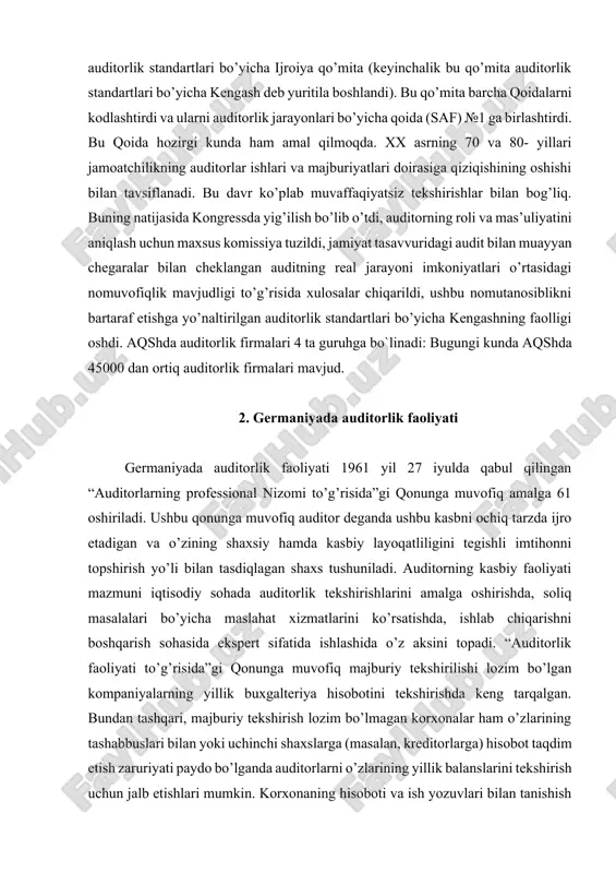 dan dalolat berar edi. 1929 yildagi nashrda bitimlar tuzish amaliyoti, shuningdek, ichki nazoratning muhimligi to’g’risida so’z bordi. 1936 yilda “mustaqil auditorlar tomonidan moliyaviy hisobotlarni tekshirish” deb nomlangan risola chop etildi. bu risolaning mazmuniga so’nggi yillarda yuz bergan ko’plab voqealar o’z ta’sirini ko’rsatdi. bu voqealar orasida eng ahamiyatlisi bitimlar tuzish standartlarini takomillashtirishga yo’naltirilgan aicpaning nyu-york fond birjasi bilan hamkorlik munosabatlarining yo’lga qo’yilishi, shuningdek, 1933 yilda qabul qilingan qimmatli qog’ozlar to’g’risidagi va 1934 yilda qabul qilingan birjalar to’g’risidagi qonunlarning kuchga kiritilishi bo’ldi. bu qonunlar ro’yxatdan o’tgan kompaniyalarga moliyaviy hisobotning tegishli shakllarini tuzishlarini talab qilar edi. auditni standartlashtirishning zamonaviy shakli 1939 yildan boshlanadi. mazkur yilda aicpa auditorlik tekshirishlari bo’yicha qo’mita ta’sis etdi va 60 auditorlik jarayonlari to’g’risida qoidalarni (saf) chop etdi. 1972 yilga qadar 54 qoida e’lon qilindi. qo’mita esa bu davrda yangi nomga ega bo’ldi: auditorlik standartlari bo’yicha ijroiya qo’mita (keyinchalik bu qo’mita auditorlik standartlari bo’yicha kengash deb yuritila boshlandi). bu qo’mita …