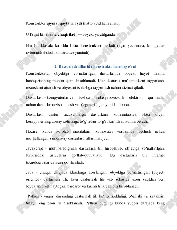 atlar bilan yaratadi. kopi (nusxa) konstruktori boshqa obyektning qiymatlari asosida yangi obyekt yaratadi (masalan, c++ tilida). 🧮 misollar (c++ tilida): oddiy konstruktor: class avto {public: avto() { cout << "avto yaratildi!" << endl; } }; parametrli konstruktor: class avto {public: string model; int yil; avto(string m, int y) { model = m; yil = y; } }; konstruktor turlari taqqoslanishi konstruktor turi tavsif misol standart konstruktor obyektni boshlang‘ich qiymatsiz yaratadi class a { a() {} }; parametrli konstruktor obyektni parametr bilan yaratadi class a { a(int x) {} }; copy konstruktor mavjud obyekt asosida yangi obyekt yaratadi a(const a &obj); destruktor — bu konstruktorning teskarisi bo‘lib, obyekt hayoti tugaganda avtomatik ishga tushadi. u resurslarni bo‘shatish, fayllarni yopish va xotirani tozalash uchun mo‘ljallangan. c++ tilida destruktor sinf nomi oldida tild (~) belgisi bilan yoziladi. dasturlash tillarida konstruktor misollari c++ misoli: class student { public: string name; student(string n) { name = …