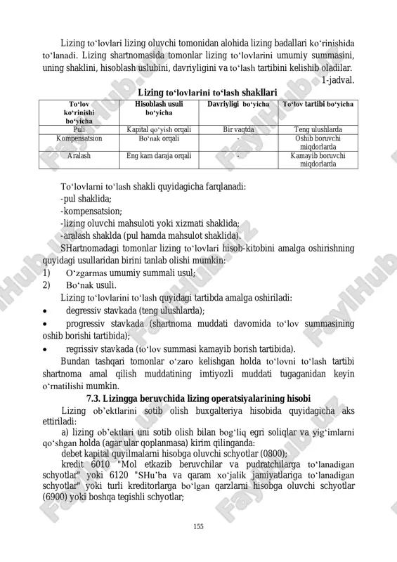 ingmulkining qaytarish qiymati savdo predmeti bo‗lmasligi lozim. sababi, lizing to‗lovi tarkibi oldindan belgilanishi va shartnoma muddati davomida o‗zgartirilmasligi lozim. lizing to‗lovlari hajmini uslubiy asoslarda aniqlash tartibi lizing oluvchi tomonidan o‗zaro foydali hamkorlik asosida o‗z manfaati va lizing beruvchi manfaatini hisobga olib, mulkdan kelgan o‗rtacha me‘yoriy foydani ma‘lum bir qismini taqsimlashdan iboratdir. lizing to‗lovlari o‗z tarkibiga quyidagilarni qamrab oladi:  lizing mulkiga butun lizing shartnomasida ko‗rsatilgan muddatda hisoblangan amortizatsiya ajratmalari;  lizing beruvchi lizing mulkini o‗zlashtirish maqsadida olgan kreditlarini qoplash bilan bog‗liq xarajatlar;  lizing beruvchi lizing mulkini o‗z vaqtida etkazib berganligi uchun vositachilik-mukofot puli yoki marjasi;  lizing shartnomasida ko‗zda tutilgan qo‗shimcha xizmatlari uchun lizing beruvchiga to‗lovlar;  qo‗shimcha qiymat solig‗i va h.k. bundan tashqari, ba‘zi shartnoma shartlarida lizing to‗lovlari tarkibiga qo‗shimcha ravishda quyidagilar kiritiladi:  mulkni sotib olish qiymati, agarda shartnoma shartlarida mulkni sotib olish nazarda tutilgan bo‗lsa;  lizing mulkiga soliq, agarda bu lizing beruvchi tomonidan to‗lansa;  …