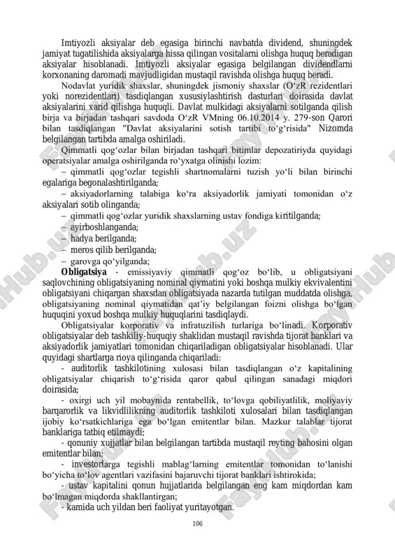 langan muddat tugagandan so‗ng depozit summasi va unga tegishli foizlarni olish huquqini beruvchi muassasa guvoxnomasidir. - veksellar - veksel beruvchining yoki vekselda ko‗rsatilgan boshqa to‗lovchining vekselda ko‗zda tutilgan muddat kelganda veksel egasiga ma‘lum miqdordagi summanito‗lash xaqidagi so‗zsitz majburiyatni tasdiqlovchi qimmatli qog‗ozdir. - hosilaviy qimmatli qog‗ozlar - bu shartnomalar bo‗lib, ular bo‗yicha bir tomon qimmatli qog‗ozlarning ma‘lum bir miqdorini ma‘lum muddatda kelishilgan narxda sotib olish yoxud sotish xuquqini yoki majburiyatini olishidir. xosilaviy qimmatli qog‗ozlar quyidagilarga bo‗linadi: opsion (lotincha ―optio‖-tanlov), varrant (nemischa ―warrant‖-xukuk) va fyuchers (inglizcha ―future‖ –kelajak). opsion- bu bitimda ishtirok etayotgan tomonlarning biriga qimmatli qog‗ozlar ma‘lum miqdorini muayyan vaqt mobaynida belgilangan narxda sotib olish yoki kontragentga sotish huquqini beruvchi shartomadir. kontragent esa, mukofot evaziga ushbu huquqni amalga oshirish majburiyatini o‗z zimmasiga oladi. varrant - bu uning egasiga ma‘lum muddat davomida yoki ma‘lum bir kunda varrantlar emitenti tomonidan dastlabki chiqarilgan qimmatli qog‗ozlarni xarid qilish huquqini olganligini tasdiqlovchi hujjatdir. fyuchers - kelishilgan …