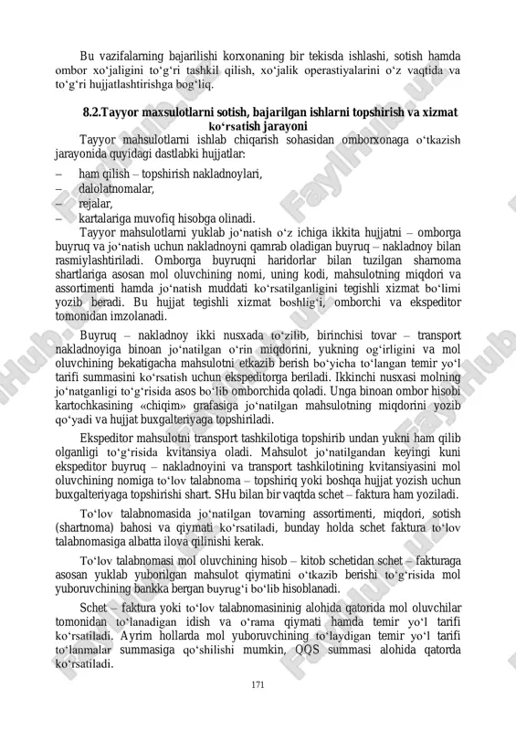 yor mahsulotlarni omborga topshirishda nakladnoylar yozish uchun; - marketing bo‗limi – mahsulot jo‗natish shartnomasining bajarish imkoniyati ustidan nazorat qilish uchun; - buxgalteriya – analitik hisob, svodkalar va hisobotlar tuzish uchun foydalanishi mumkin. shuning uchun korxonalarning buxgalteriya hisobini tashkil qilish tizimida tayyor mahsulotlar ularni yuklash va sotish hisobi alohida o‗rin tutib, uning vazifalari quyidagilardan iborat: - tayyor mahsulotlar ishlab chiqarish, ularning zaxiralari holati hamda omborda saqlanishi, bajarilgan ishlar va ko‗rsatilgan xizmatlar ustidan uzluksiz nazorat qilish; - yuklangan va jo‗natilgan mahsulot (ish, xizmat) larni o‗z vaqtida va to‗g‗ri hujjatlashtirish, xaridorlar bilan olib boriladigan hisob– kitoblarni aniq tashkil etish ; - sotilgan mahsulotlarning hajmi va assortimenti bo‗yicha mol jo‗natish shartnoma rejasining bajarilishi ustidan nazorat qilish; - sotilgan mahsulot uchun olinadigan mablag‗lar summasini, mahsulot ishlab chiqarish uchun ketgan haqiqiy xarajatlarni, foyda summasini o‗z vaqtida va aniq hisoblab chiqish. 171 bu vazifalarning bajarilishi korxonaning bir tekisda ishlashi, sotish hamda ombor xo‗jaligini to‗g‗ri tashkil qilish, xo‗jalik …