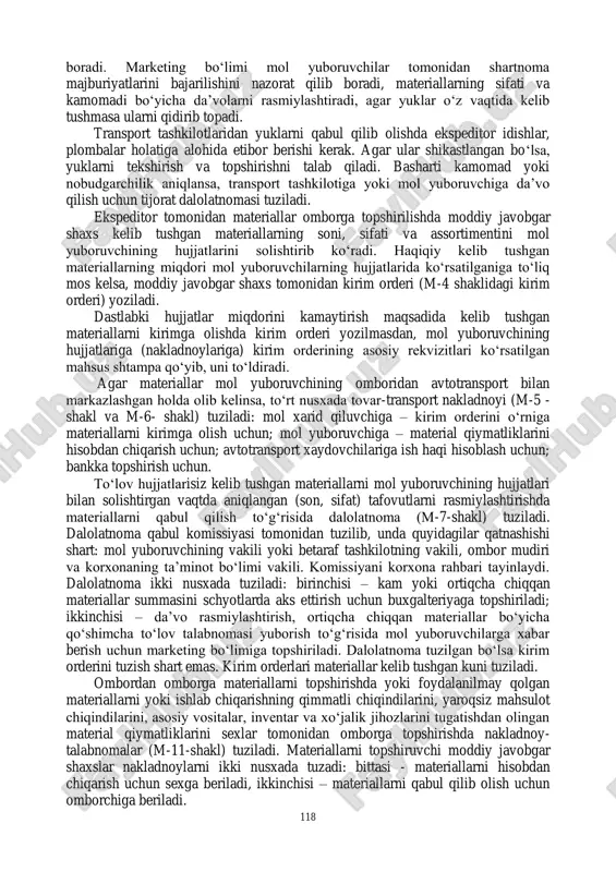 chiqarib boriladi; lifo usuli- (o‗rtacha chamalangan baholar bo‗yicha, oxirgi tushum-birinchi chiqim) materiallar ishlab chiqarishda dastavval oxirgi partiya narxlari bo‗yicha pastdan yuqoriga qarab hisobdan chiqariladi. materiallar hisobini tashkil etishda quyidagi asosiy vazifalar bajarilishi lozim: material qiymatliklarni joylarida saqlash va ulardan barcha bosqichlarda foydalanish ustidan nazorat qilish; materiallar harakati bo‗yicha barcha operatsiyalarni to‗g‗ri va o‗z vaqtida hujjatlashtirish;  ularni tayyorlash bilan bog‗liq bo‗lgan harajatlarni aniqlash va aks ettirish; saqlash joylari va balans moddalari bo‗yicha sarflangan materiallar va ularning qoldiqlarini haqiqiy tannarxini hisoblash;  belgilangan zahira normalariga rioya qilish ustidan nazorat qilish, ortiqcha foydalanilmaydigan materiallarni aniqlash, ularni sotish;  material yuboruvchilar bilan hisob-kitoblarni o‗z vaqtida olib borish, yo‗ldagi va fakturlanmagan materiallar ustidan nazorat qilish. 5.2. materiallarning harakatini rasmiylashtirish va ularning sintetik hisobini tashkil etish materiallar harakatini hisobi materiallarni hisobi bo‗yicha asosiy nizom talablariga javob beradigan va axborotlarni avtomatlashtirishga moslashgan tegishli hujjatlar bilan rasmiylashtiriladi. yoziladigan hujjatlarning nusxalar soni va ularning hujjat aylanishi korxonaning xarakteriga, …
