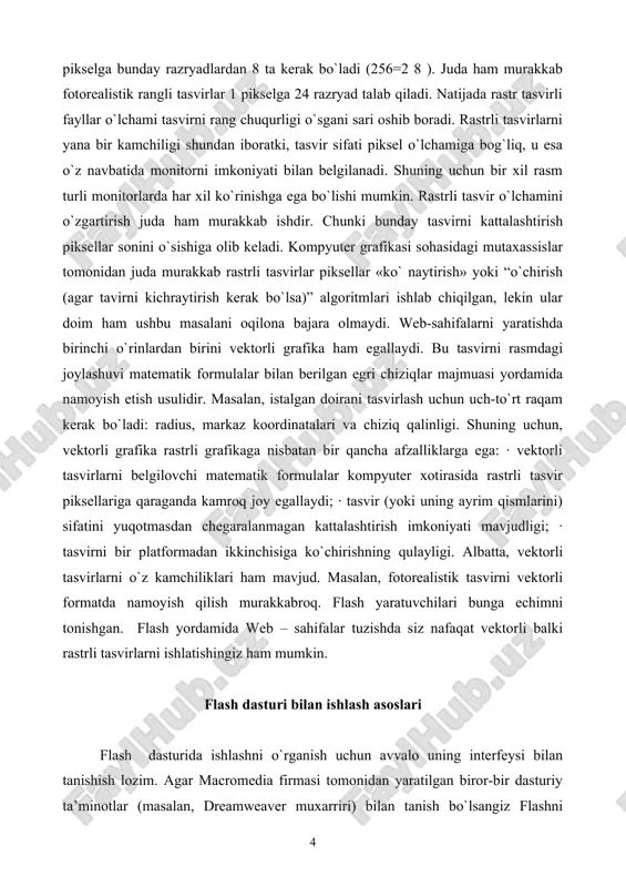 jud. masalan, fotorealistik tasvirni vektorli formatda namoyish qilish murakkabroq. flash yaratuvchilari bunga echimni tonishgan. flash yordamida web – sahifalar tuzishda siz nafaqat vektorli balki rastrli tasvirlarni ishlatishingiz ham mumkin. flash dasturi bilan ishlash asoslari flash dasturida ishlashni o`rganish uchun avvalo uning interfeysi bilan tanishish lozim. agar macromedia firmasi tomonidan yaratilgan biror-bir dasturiy ta’minotlar (masalan, dreamweaver muxarriri) bilan tanish bo`lsangiz flashni interfeysini o`zlashtirish unchalik murakkab bo`lmaydi. agar macromedia tomonidan yaratilgan uskunalarni o`zlashtirishni aynan flash dasturidan boshlasangiz, u holda uning menyulari, uskunalari va ob’ekt xususiyatlar paneli va boshqalarning ko`rinishi windowsning amaliy dasturlarinikidan fraq qiladi. masalan, aksariyat windowsdagi amaliy dasturlarda (ofis majmuasi) uskunalar paneli tarkibini boshqarish buyruqlari “view” menyusiga kiradi. flash dasturida esa bu buyruqlar “window” menyusida joylashtirilgan. tahrirlanayotgan obyekt xususiyatlar panelining ko`rinishi ham flash dasturiga xosdir. lekin bu turdagi yangiliklar unchalik ham qiyinlik tug`dirmaydi. muharrirning foydalanuvchi interfeysini tashkil etilishi umumiy holda windows dasturlar kabi standart ko`rinishga egadir, oynaning yuqori qismida sarlavha, menyular …