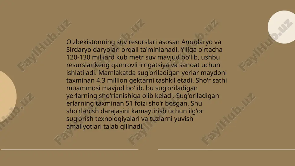 llash natijasida mamlakatning umumiy energiya sarfi 15% gacha kamayishi mumkin. investitsiyalar energiya samaradorligiga yo'naltirilsa, iqtisodiy o'sishga ijobiy ta'sir ko'rsatadi. energiya tejash choralari har yili milliardlab so'm mablag'ni iqtisod qilish imkonini beradi. ... t.me/slaydai_bot qarshi cho'l hududlarida suvni chuchuklashtirish imkoniyatlari suv resurslarining samaradorligini oshirish va mintaqaning qishloq xo'jaligini rivojlantirish uchun muhimdir. bugungi kunda turli texnologiyalar, jumladan, teskari osmos, elektrodializ va quyosh energiyasi asosida ishlaydigan bug'lanish usullari foydalaniladi. o'zbekistonning cho'l hududlarida gidrotexnik inshootlar va yomg'ir sug'orish tizimlarini joriy qilish orqali 1,2 million gektar yer maydonini sug'orish imkoni yaratilmoqda. yiliga 200-300 million kub metr chuchuk suv ishlab chiqarish orqali aholi va qishloq xo'jaligining suvga bo'lgan ehtiyojlarini qondirish mumkin. bu chora-tadbirlar suv tanqisligini kamaytirishga va ekologik barqarorlikni ta'minlashga yordam beradi. ... t.me/slaydai_bot 10. mahalliy ilmiy tadqiqotlar va loyihalar 10. mahalliy ilmiy tadqiqotlar va loyihalar haqida: o‘zbekiston ilmiy tadqiqot faoliyatini rivojlantirishda yirik loyihalar amalga oshirilmoqda. 2022-yilda 1,000 dan ortiq milliy ilmiy tadqiqotlar va loyihalar qo‘llab-quvvatlandi. …