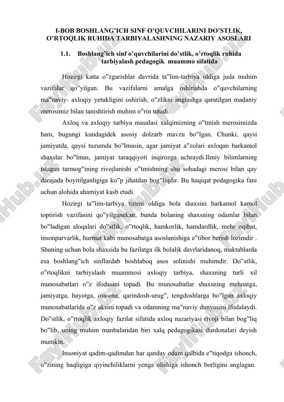 o‟rin tutadi. bugungi mustaqillik sharoitida bu merosni o‟rganish, undan ta‟lim- tarbiya samarasini oshirishda foydalanish ham nazariy , ham amaliy ahamiyat kasb etadi. o‟rta osiyoda yashab ijod etgan buyuk allomalar al-xorazmiy, beruniy , firdavsiy, forobiy, ibn sino, alisher navoiy,ulug‟bek va boshqalar asarlarida, ular qoldirgan ilmiy meroslarida ma‟rifiy-ta‟limiy qarashlar tizimi juda keng bo‟lib, uning mazmunida odob-axloq, axloqiy tarbiya vazifasi va mazmuniga doir ajoyib fikrlar mavjud. buyuk mutafakkirlar axloq mazmuniga burch, vijdon, o‟zaro munosabat, vatanga sadoqat va vatanparvarlik, do‟stlik, o‟rtoqlik, birodarlik kabi masalalarni kiritadilar va har birining mazmunini ochib berishadi. bu o‟rinda o‟rta asr sharqining fikrlar rivojida mutafakkir ibn sinoning xizmatlari benihoya kattadir.ibn sino o‟zining “ yaxshilik va yomonlik”, “ axloq haqida risola” kabi asarlarida insonning kamol topishida axloqiy tarbiya, odatlar va his-tuyg‟ularning roli haqidagi fikrlarni bayon etadi. ibn sino “axloq haqida risola” asarida insonning umumiy fazilatlari haqida gapirib, kishilar xulqida yaxshi va yomon odatlarning paydo bo‟lish sabablariga to‟xtaladi. bu asarda iffat, qanoat, …