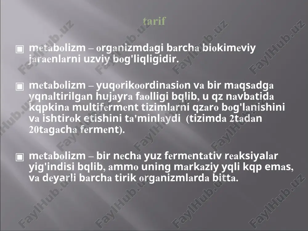 mlar, katalaza va glutationperoksidaza fermentlari va boshqalar. uning etishmasligi kamqonlikka olib keladi. marganes elementini etishmasligi generativ funksiyalarni buzilishiga sabab bqladi. bunda gipogalaktiya, xomilani sqrilishi, urug'donlar degenerasiyasi kuzatiladi. mis etishmasligi mikrositar normoxrom anemiyaga, nafas olish zanjirida sitoxrom s va sitoxromoksidaza fermentlar miqdorini kamayishiga olib keladi. rux etishmasligi pubertat davrida qsish va rivojlanishni susayishiga sabab bqladi. bunda ikkilamchi jinsiy a'zolar rivojlanishi sekinlashadi. ftor tishlar rivojlanishida, dentin va emal shakillanishida faol qatnashadi. uni etishmasligi karies rivojlanishiga olib keladi. metabolizm tqg'risida tushuncha va metabolik yullar metabolizm – bu yuqori integrallashgan, maqsadli yqnaltirilgan jarayon bqlib, bunda multiferment tizimlar ishtirokida muxit va xujayra qrtasida modda va energiya almashinuvi ta'minlanadi. metabolizm xisobiga xujayrada quydagi jarayonlar kechadi: hujayra metabolizmini vazifalari metabolik yqllar – markaziy metabolik yqllar, siklik, ikkilamchi metabolik yqllar markaziy metabolik yqllar – bir-necha yuz gramm oqsillar, karbon suvlar, yog'lar parchalanishi natijasida so2,n2o va energiya xosil bqladi. ikkilamchi metabolik yqllar – bu spesifik moddalarni xujayrada xosil bqlishi. …