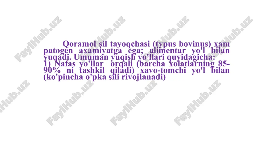 obiologik xususiyatlarini ko'tarish 2. regenerativ jarayonlarni faollashtirish 3. yetarlicha ovqatlantirish umumiy davo: 4. davo badan tarbiyasi 5. klimatoterapiya (toza xavo va kuyosh radiatsiyasi) 6. antibakterial terapiya suyak-bo'g'im silini davolashda ishlatiladigan antibakterial vositalar 1. kanamitsin 2. pask (paraaminobenzoy kislotasi) 3. ftivazid 4. rifadin 5. etambutol 6. streptomitsin 7. tubazid 8. izoniazid maxalliy konservativ davo: 1. suyak va bo'g'imlarni yengillashtirish 2. oyoq qo'llarni immobilizatsiya kilish (gipsli bog'lamlar va krovatlar) 3. fizioterapevtik muolajalar maxalliy operativ davo: 1. abstsessni punktsiya qilish yoki ochish 2. bo'g'imlarni rezektsiya qilish 3. suyak va bo'g'imlarni amputatsiya kilish maxalliy operativ davo: 4. suyak va bo'g'imlarni plastika qilish 5. korrigirlovchi osteotomiya 6. umurtqa pog'onasini fiksatsiya qilish 7. bo'g'imdan tashqari artrodezi parazitar infektsiya zamburug’li infektsiya klinik ko’rinishi zarajenie cheloveka proisxodit pri popadanii na slizistuyu obolochku rta, glotki, kishechnika, bronxov luchistogo griba pri jevanii ili zaglativanii zeren zlakov, vdixanii chastits zlakov, sena, solomi, na kotorix naxoditsya grib. v zavisimosti ot vorot vnedreniya …