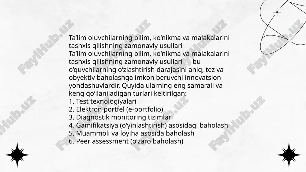 inatsiya parametrlarini (a, b, c) modelga kiritib talabaning imkoniyatini (θ) baholaydi. 1pl (rasch), 2pl va 3pl modellari mavjud. asosiy taxminlar: unidimensionallik va lokal mustaqillik. irt qo‘llanilishi: adaptiv testlash, testni ekvivalentlash, dif aniqlash va tezkor baholash. boshqa psixometrik usullar: klassik test nazariyasi (ctt), faktorial tahlil, generalizability theory. r paketlari: ltm, mirt, tam. ... t.me/slaydai_bot onlayn proktorlik va test xavfsizligini ta'minlash choralari: foydalanuvchi autentifikatsiyasi — 2 bosqichli va biometrik (yuz, barmoq) tekshiruv; hujjat va id tasdiqi; real-vaqtli video va audio monitoring; brauzer lockdown, ekran yozuvi va resurs bloklash; savollarni tasodifiylashtirish va bankdan rotatsiyalash; ai asosidagi chetga chiqish aniqlash va insoniy tekshirish; audit loglar, ip va geografik monitoring; shifrlash (aes-256) va ma'lumotlarni saqlash siyosati. ... t.me/slaydai_bot o‘yinlashtirish elementlari: ballar, medallar, reyting jadvallari, darajalar va vazifalar orqali baholashni qiziqarli qiladi. darhol fikr-mulohaza, mikrobaholash va adaptiv qiyinchilik o‘quvchi motivatsiyasini oshiradi. hikoya, missiyalar va mukofotlar ichki va tashqi motivatsiyani uyg‘otadi. formativ baholashda o‘yin elementlari o‘rganish yo‘nalishini …