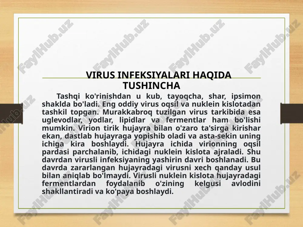 arzda litik infeksiya sikllari yongʻin kabi fagning bakteriya populyatsiyasi orasida tarqalishiga imkon beradi. lizogen sikl lizogen sikl fagning xoʻjayin hujayrani oʻldirmasdan koʻpayishiga imkon beradi. baʼzi bir faglar faqat litik sikldan foydalanadi, ammo biz oʻrganayotgan fag – lambda ikki sikl oʻrtasida almashib yura oladi. lizogen siklda dastlabki ikki bosqich (birikish va dnkning kiritilishi) xuddi litik sikldagi kabi sodir boʻladi. biroq fag dnksi hujayra ichiga joylashganida u darhol nusxa koʻchirmaydi yoki oqsillarni hosil qilish uchun ifoda etilmaydi. buning oʻrniga u bakterial xromosomaning maʼlum bir qismi bilan rekombinatsiya qiladi. bu fag dnksining xromosoma tarkibiga kirishiga olib keladi. 10 bakteriya dnksiga qoʻshilgan fag dnksi profag deb nomlanadi va u faol emas: uning genlari ifoda etilmaydi va yangi faglarning paydo boʻlishiga olib kelmaydi. ammo har safar xoʻjayin hujayralari boʻlinganida profagning ham xoʻjayin dnksi bilan birga (“tekinga”) nusxasi koʻchiriladi. lizogen sikl litik siklga qaraganda uncha koʻzga tashlanmaydi (litik siklchalik ayovsiz emas), ammo baribir ham bu fag …