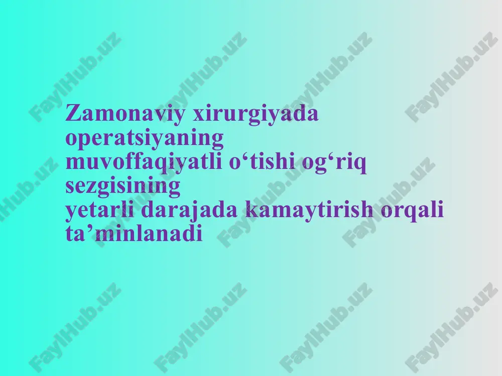 haftani o‘z ichiga oladi. 3. olis fazasi – bemorlar ish qobiliyatini tiklangunicha bo‘lgan davrni o‘z ichiga oladi operasiyadan keyingi davrda peritoneal dializ o‘tkazish ‹#› drenirovanie bryushnoy polosti po metodu kliniki. drenirovanie bryushnoy polosti po metodu kliniki klinika usulida qorin bo‘shligʻini drenajlash drainge abdominal cavity on method of the clinic ‹#› operatsiya bemorlar uchun – ham fizik, ham asabiy shikast xisoblanadi. operatsiya-dan keyingi davrda sog‘lom organizmda kuzatilmaydigan regenerativ va reparativ jarayonlar sodir bo‘ladi operatsiyadan keyingi davrning kechishi: 1) sillik yoki normal bo‘lishi va 2) asoratlangan bo‘lishi mumkin. birinchi holatda organizmning biroz ifodalangan reaksiyasi, ikkinchi xolatda esa – operatsion shikastga organizmning keskin ifodalangan (giperergik) xolati kuzatiladi va u organizmda keskin funktsional o‘zgarishlarga, buning oqibatida esa asoratlarga sabab bo‘lishi mumkin image1.jpeg image2.jpeg image3.png image4.png image5.png image6.png