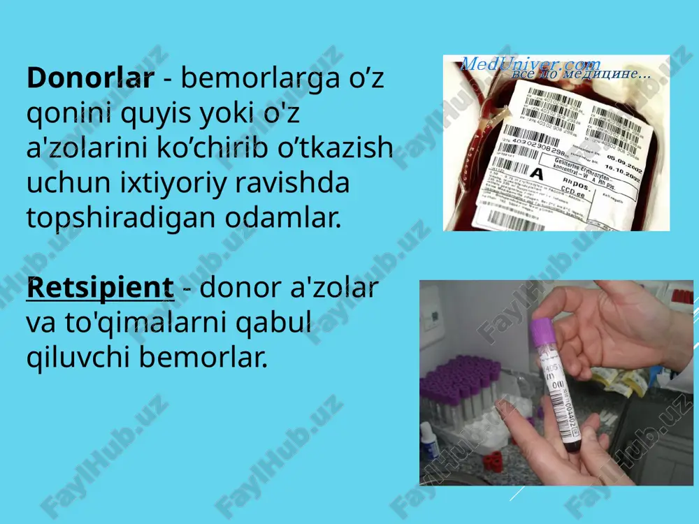 * ‹#› qon quyish uchun mutlaq qarshi ko’rsatmalar: o'tkir yurak-o’pka, buyrak, jigar yetishmovchiliklari; o'pka shishi; miokard infarkti; ‹#› eslab qoling!!! massiv qon yo'qotishlar va travmatik shok bo'lsa, qon quyish uchun mutloq qarshi ko’rsatmalar yo'q va bunda qon quyish kerak !!! ‹#› * ‹#› anamnezida tromboz va emboliya; miya qon aylanishining jiddiy buzilishlari; septik endokardit; yurak nuqsonlari, miokardit, miokardyoskleroz, qon aylanish etishmovchiligi iib-iii darajali gipertoniya iii bosqich; tananing allergiyasi bilan bog'liq kasalliklar; o'tkir va tarqalgan sil kasalligi, revmatizm, ayniqsa revmatik purpura bilan; qon quyish uchun nisbiy qarshi ko’rsatmalar ‹#› qon quyish usullari vena ichiga yuborish asosiy usul hisoblanadi intraarterial - katta qon ketishida suyak ichiga - hozirda ishlatilmaydi ‹#› amalda qon turiga qarab quyish o'z qoni (autogemotransfuziya) donorlik qon o'zingizning oldindan tayyorlangan qonini quyish qonni qayta quyish bir marta qon olinadi bosqichma-bosqich qon olish bevosita bilvosita almashtirib * ‹#› qon quyish texnikasi ‹#› shifokorning qon quyish harakatlari qon quyish uchun ko'rsatmalarni …