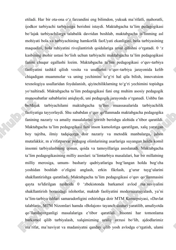 g tarbiyaviy ta’sir ko‘rsatishi birligini, maktabgacha ta’lim muassasasi va maktab ishidagi aloqadorlikni, bolalami maktabda o‘qishga tayyorlashni ta’minlab, maktabgacha tarbiya sharoitida tarbiya va ta’lim berish ishlarining vazifalarini, tamoyillarini, mazmunini, metodlarini, shakllarini va uni tashkil etishni ishlab chiqdi. bu fanning predmeti quyidagilami o‘z ichiga oladi: •. maktabgacha yoshdagi bolalar ta’lim-tarbiyasi rivojlanishiga qo‘yiladigan davlat talablariga suyangan holda faoliyat yuritish; 1 a. avloniy. turkiy guliston yoxud axloq. t., «meros», 1993, 17-bet. 5 • maktabgacha ta’lim pedagogikasining ta’lim-tarbiya mazmunini takomillashtirish; • ta’lim-tarbiya jarayonida qo‘llaniladigan metod va usullarni axborot texnologiyalari asosida tashkil qilish; • bolalami jismoniy, aqliy, ruhiy sog‘ligini ta’minlashda o‘qituvchi-tarbiyachi mahorati. maktabgacha ta’lim pedagogikasi nazariyasi va amaliyotining maktabgacha yoshdagi bolalarga har tomonlama tarbiya berishda bolaning imkoniyatlari va uni ilk yoshdan boshlab tarbiyalashning roli, maktabgacha tarbiyani hayot, zamon bilan bog‘lab olib borishning zarurligi bola shaxsining shakllanishida ijtimoiy muhitning hal qiluvchi ahamiyatga egaligiga asoslanadi. \ maktabgacha pedagogikaning vazifalari: • maktabgacha ta’lim sohasidagi pedagogik muammolami hal qilish; • …