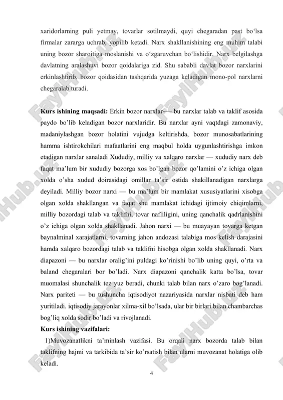 batiga bog‘liqdir. talabning ko’payishi muayyan tovarni ishlab chiqarishni kengaytirishi, undan tashqari hol esa tovar ortiqchaligini, uni ishlab chiqarishni kerakligini bildiradi. narx tovar ishlab chiqaruvchilar faoliyatiga ularning daromadlari bilan ta’sir ko‘rsatadi. muayyan ishlab chiqarish chiqimlari saqlangan holda narx baland bo’lsa foyda miqdori oshadi, narx tushsa, foyda kamayadi va ayniqsa ishlab chiqaruvchilar foyda ko’rmasligi yani zarar ko‘rishi ham ehtimoldan holi emas. bu ishlab chiqaruvchilar faoliyatiga ta’sir ko‘rsatadi. narx oshsa ishlab chiqarish kengayadi. boshqa kapitallar ham shuningdek daromad baland bo‘lgan soha va tarmoqlarga quyulib kela boshlaydi. xullas, narx ishlab chiqarishni tartibga soladi, uni o‘zgartirib turadi va rivojini ta’minlaydi. 4)raqobat vositasi vazifasi. narx raqobat kurashining eng kerak bo’lgan vositasi sanalanadi. ishlab chiqaruvchilar o‘z raqiblari ustidan g’alaba qozonish uchun narxni tushurish usulidan foydalanishlari mumkin. demak, narxni o’zgartirib turish usuli raqobatda keng foydalaniladi. 5)ijtimoiy himoya vazifasi. narx jamiyatning oz miqdorda daromadga ega bo’luvchi ba’zi qatlamlarini ijtimoiy himoya qilishni ham o’z bo’yniga oladi. narxning bu vazifasi tovar …