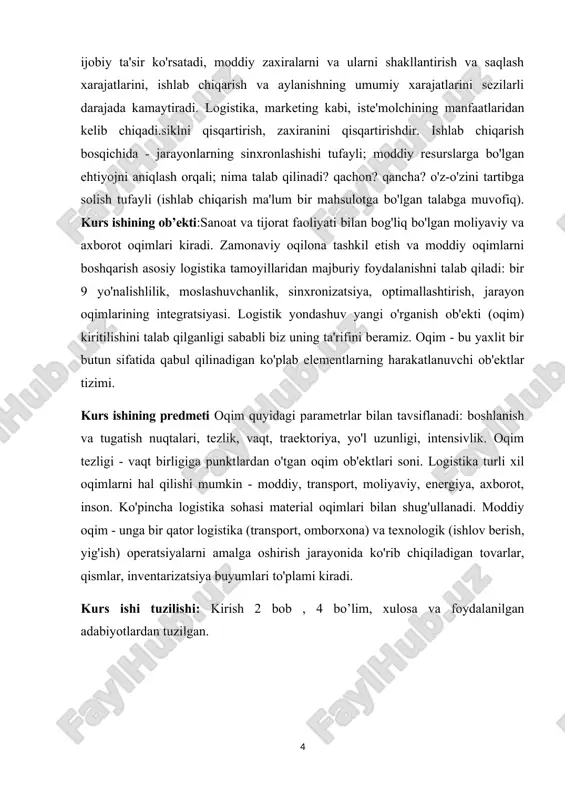 sodiy murosani topish ko'nikmalarini o'rganish. logistika[footnoteref:1] kursi makro va mikroiqtisodiyot, korxona iqtisodiyoti, ishlab chiqarishni tashkil etish asoslari, menejment, marketing asoslari, shuningdek amaliy matematikani va kompyuter muhandisligi, dasturlash va ma'lumotlar bazasini tashkil qilishni o'rganadigan fanlar bilan uzviy bog'liqdir. logistika fan[footnoteref:2] sifatida o'rganish mavzusi oqim jarayonlarini optimallashtirishdir. logistika tamoyillari: sinxronizatsiya, optimallashtirish va integratsiya - ishlab chiqarish tizimlarini tashkil etish va samaradorligini oshirishda asosiy uslubiy yondashuv bo'lib xizmat qiladi. logistika - sanoat korxonalariga xom ashyo yetkazib berish jarayonida amalga oshiriladigan transport, omborxona va boshqa moddiy va nomoddiy operatsiyalarni rejalashtirish, boshqarish va 5 boshqarish haqidagi fan; xom ashyo, materiallar, yarim tayyor mahsulotlarni zavodda qayta ishlash; tayyor mahsulotni uning talablariga muvofiq iste'molchiga etkazish, shuningdek tegishli ma'lumotlarni uzatish, qayta ishlash va saqlash1 . logistika (yunoncha - fikr yuritish san'ati, keyinchalik - armiya va uning harakatini ta'minlash, matematik logistika). qadimgi matematikada logistika o'sha paytda ma'lum bo'lgan hisoblash va o'lchash algoritmlarining kombinatsiyasi sifatida tushunilgan. leybnits "logistika" atamasini o'z …