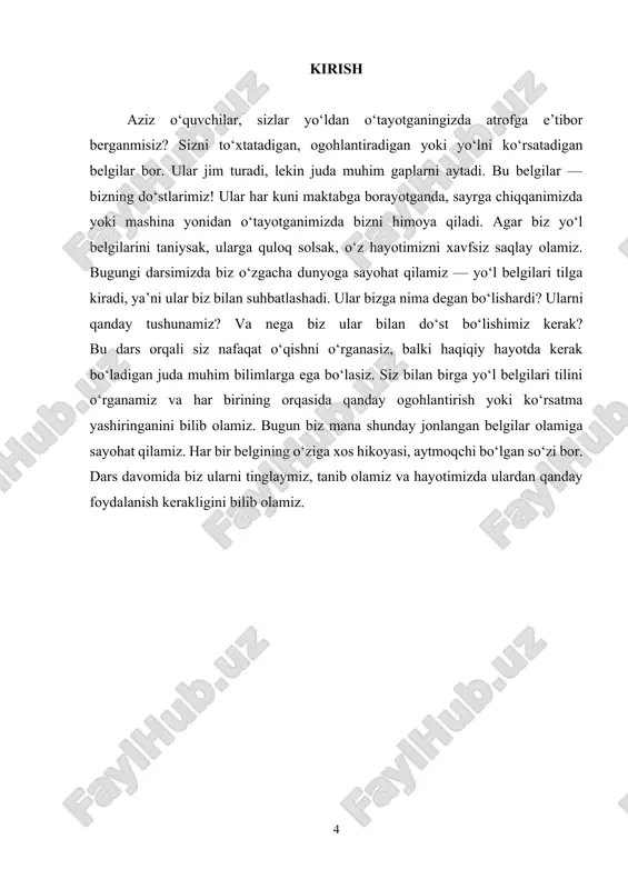 ashkiliy qism salomlashadi, davomatni aniqlaydi, o‘quvchilarni darsga jalb qiladi. javob berishadi, darsga tayyorlanadi. “ko‘ngilni ko‘tarish” usuli 5 2. kirish qismi mavzuga oid savollar beradi, svetaforning hayotdagi ahamiyatini tushuntiradi. fikr bildiradilar, o‘z tajribasini aytadilar. savol-javob, suhbat 10 3. asosiy qism matnni o‘qib beradi yoki o‘quvchilar bilan birga o‘qiydi. savollar orqali tahlil qiladi. matnni tinglaydi, o‘qiydi, savollarga javob beradi. matn bilan ishlash, "fikringni ayt" 10 4. mustahkamlash belgilar rasmini ko‘rsatib, nomini, ma’nosini so‘raydi. rolli o‘yin tashkil etadi. belgilarni taniydi, nomlaydi, belgilar “gapirsa” o‘ynaydi. “belgi gapirdi”, “kim topadi?” 10 5. yakuniy bosqich darsni xulosa qiladi, faol o‘quvchilarni rag‘batlantiradi, uy vazifasini tushuntiradi. o‘z fikrini bildiradi, xulosa chiqaradi, uyga vazifani yozadi. refleksiya, “bir gap bilan ayt” usuli 5 6. baholash o‘quvchilarning ishtirokini baholash faol o‘quvchilarni rag‘batlantiradi, baholaydi javob beradi, baho oladi 5 v. uyga vazifa. o‘quvchilarni rag‘batlantirish. darsni yakunlash: rag’batlarni sanash. xulosa bugungi darsimiz orqali biz svetafor nima vazifani bajarishini yo‘l belgilarining qanday ko‘rinishga ega …