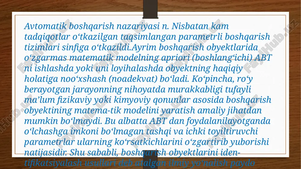 ik jarayonlarning berilgan dastur asosida o’tishini inson ishtirokisiz ta’minlay oladigan boshqaruvchi va boshqariluvchidan iborat texnik qurilmalar sistemasiga aytiladi.texnologik mashinani ishga tushirish, to’xtatish, harakat yo’nalishi va tezligini o’zgartirish kabi operatsiyalarni bajarish uchun xizmat qiladigan avtomatik boshqarish sistemasi, ob’ektning biror texnologik parametrini (harorat, bosim, sath balandligi, tezlik, namlik) texnologik jarayon davomida rostlab (stabillab) turish uchun xizmat qiladigan sistemalar yoki ob’ektlarning texnologik parametrini oldindan berilgan qonunga muvofiq o’zgartirish sistemalari, texnologik jarayonni nazorat qilish, himoya va signallash funktsiyalari va boshqalarni inson ishtirokisiz bajarish uchun xizmat qiladigan lokal avtomatik sistemalarini tashkil etadi. e’tiborlaringiz uchun rahmat. image5.png image6.png image7.jpeg image3.png image4.png /docprops/thumbnail.jpeg