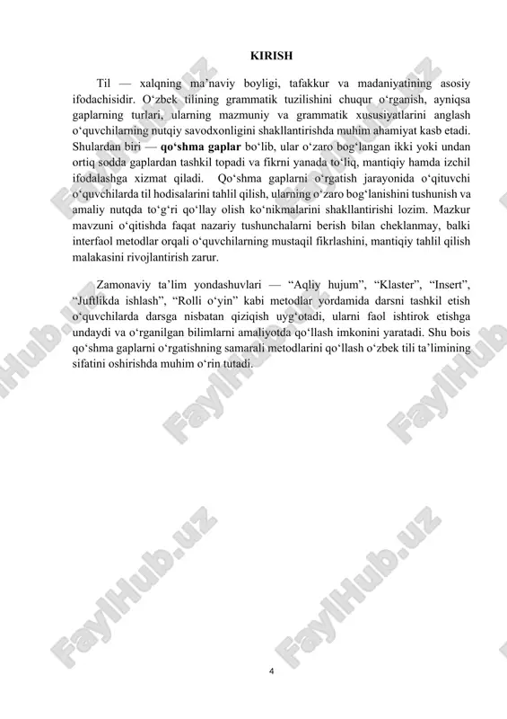 fsiloti va texnologik xarita. № darsning bosqichlari qisqacha tasnif qo’llani- ladigan usullar ajra- tilgan vaqt 1. tashkiliy qism 1.salomlashish. 2.davomatni aniqlash. 3.ma’naviyat daqiqasi muloqot suhbat 5 2. o’tilgan mavzu va uy vazifasi tahlili 1. uy vazifasini mavjudligini tekshirish o’tilgan mavzu yuzasidan savol-javob o`tkaziladi. 3. kichik guruhlar bilan ishlash: savol javob metodi 6 3. yangi mavzuning qisqacha bayoni savollar orqali mavzuga yo‘naltiradi: “gap qanday birlik?”, “har doim bitta fikrni bildiradimi?” sodda va qo‘shma gaplarning ta’rifi, tuzilishi va misollarini tushuntiradi. qo‘shma gap turlari haqida ma’lumot beradi. maruza slayd 15 4. mavzuni mustahkam-lash mavzu yuzasidan o’quvchilarga tarqatmalar berilib savol javoblar o’tkaziladi. mashqlar beradi: gap turlarini aniqlash, qo‘shma gap tuzish, “to‘g‘rimi, noto‘g‘rimi?” o‘yini. kichik guruhlarda ishlash 15 5. o’quvchilar bilimini baholash “5” balli tizim yilpig’ich metodi 2 6. uy vazifasini belgilash uyga vazifani tushuntiradi. sinf doskasi 1 7. darsni yakunlash arsni umumlashtiradi, faol ishtirokchilarni baholaydi muloqot 1 qo’shma gaplar qo‘shma gaplar ikki yoki undan …