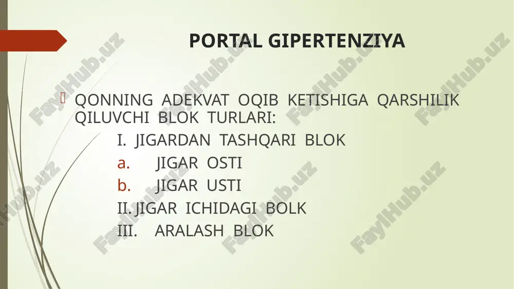 rofiyasi va tarqalgan nekrobiozi, hamda fibroz va portokaval anastomozlar rivojlanishi bilan tushuntiriladi. bu anastomozlar orqali qonning salmoqli qismi jigarni chetlab o'tgan holda darvoza venalaridan kavak venalarga, keyin arterial tizimga tushadi. bu holat jigarning ichakdan so'rilgan zararli moddalarni dezintoksikatsiyalashdagi ishtirokini yanada kamaytiradi. 36 klinik ko'rinishi distrofiya va atrofiya sindromi, nevrit rivojlanishi, anemiya; isitma sindromi – tana haroratinining 380 s, hatto 400s gacha ko'tarilishi, leykotsitar formulaning chapga siljishi, septik holat, bakteriemiya, jumladan haqiqiy ichak bakteriemiyasi sariqlik sindromi – sariqlik avj olishi bilan kechuvchi massiv nekroz 37 klinik ko'rinishi (davomi) endokrin buzilishlar sindromi – urg'donlar atrofiyasi, bepushtlik, ginekomastiya, soch to'kilishi, sut bezlari va bachadon atrofiyasi, teleangiektaziyalar paydo bo'lishi va tezlik bilan kattalashishi, palmar eritema, «oq tirnoqlar fenomeni» gemodinamika buzilishi sindromi– diffuz vazodilatatsiya, shish-astsitik sindrom maxsus jigar hidi aniqlanishi gemorragik diatez 38 jigar etishmovchiligi bosqichlari prekomatoz – bemor shaxsiyatining o'zgarishi, qo'zg'alish, agressivlik. jigar kichiklashishi avj oladi, albumin, aminotransferazalar faolligi, gamma-globulinlar miqdori kamayadi. sariqlik, gemorragiyalar …