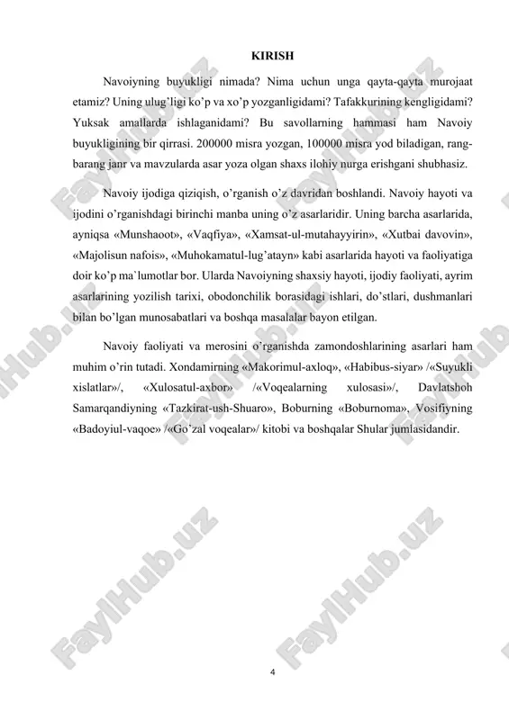 i nizomiddin mir alisher. u hirotda tug’ilib, shu yerda umrining asosiy qismini o’tkazgan. navoiyning otasi g’iyosiddin bahodir temuriylar xonadoniga yaqin bo’lgan. she’r zavqi va iste’dodi erta uyg’ongan. bolalikdayoq farididdin attorning “mantiqut-tayr” asarini yod olgan, sharafiddin ali yazdiy nazariga tushgan, mavlono lutfiy yosh shoir iste’dodiga yuqori baho bergan, kamol turbatiy e’tirofini qozongan. sayyid hasan ardasher, pahlavon muhammad kabi ustozlardan ta’lim olgan, abdurahmon jomiy bilan ijodiy hamkorlikda bo’lgan. lirik merosi · navoiyga mansub 24 asarning 254 qo’lyozmasi saqlanadi, undan ko’pchiligi devonlarning nusxalari. navoiy devonlari prof. h.sulaymon tomonidan yig’ilib, tasnif etilgan. “ilk devon” sankt-peterburgdagi saltikov-shedrin kutubxonasida (inv.564) saqlanadi. “navodirun-nihoya” o’r fa shi (inv.1995) dagi nusxalari nihoyatda nodir bo’lib, ular navoiy davrida hirotda sulton ali mashhadiy (1487), abdujamil kotib (1487-88) tomonidan ko’chirilgan. navoiy she’riyati fitrat, oybek, m.shayxzoda, h.sulaymon, a.hayitmetov, n.mallaev, yo.ishoqov, b.akromov, i.haqqulov v.b. tomonidan o’rganilgan. alisher navoiy ijodining yuksak cho’qqisi “xamsa” asari (1483-85)dir, shoir birinchilardan bo’lib, turkiy tilda to’liq “xamsa” yaratdi va turkiy …