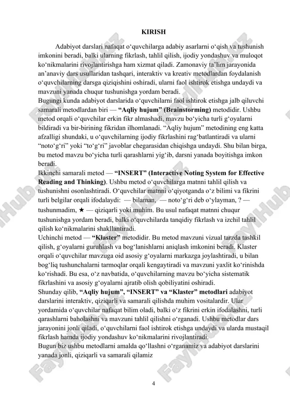 i og‘zaki suhbat o‘quvchilar darsga tayyor, e’tiborli bo‘ladi 2. yangi mavzu: aqliy hujum 5 daqiqa mavzu bo‘yicha savol beradi, fikrlarni yig‘adi, rag‘batlantiradi fikr bildiradi, doskaga yoki varaqga yozadi aqliy hujum (brainstorming) fikrlar yig‘iladi, o‘quvchilar ijodiy fikrlashni rivojlantiradi 3. yangi mavzu: insert metodi 15 daqiqa matn beradi, belgilar qo‘llash qoidalarini tushuntiradi matnni o‘qiydibelgilar bilan tahlil qiladi insert metodi matnni tushunish va tahlil qilish ko‘nikmalari shakllanadi 4. yangi mavzu: klaster metodi 15 daqiqa markaziy g‘oyani doskaga yozadi, klaster shakllarini ko‘rsatadi mavzu bo‘yicha tarmoqlar va bog‘lanishlarni yozadi, taqdim qiladi klaster metodi mavzu vizual tarzda ko‘rinadi, bog‘lanishlar aniqlanadi 5. mustahkamlash 3 daqiqa o‘quvchilarning ishlarini ko‘rib, fikr almashishni boshqaradi guruh yoki shaxs bo‘yicha o‘z ishini taqdim qiladi, savollarga javob beradi guruh ishlari, baholash o‘quvchilar mavzuni mustahkamlaydi, fikrlarini aniq ifodalaydi 6. baholash va rag‘batlantirish 2 daqiqa faol o‘quvchilarni rag‘batlantiradi, qisqacha baholaydi faol ishtirok etadi og‘zaki baholash, yulduzcha o‘quvchilar rag‘batlanadi, dars motivatsiyasi oshadi 7. uyga vazifa 2 …