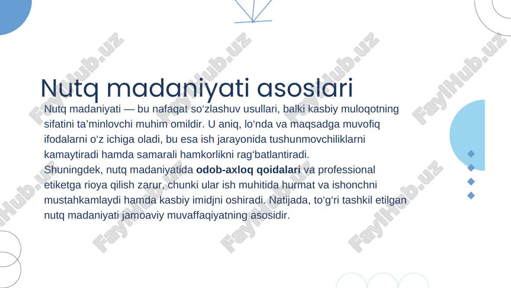 mumkin. jadval odatda birinchi ustunda mezon, keyingi ustunlarda obyektlar va farqlari ko‘rsatilgan shaklda tuziladi. yakunda jadval asosida umumiy xulosa chiqariladi. shu tarzda tuzilgan qiyosiy jadval o‘xshashlik va farqlarni aniq, qisqa va tushunarli tarzda ifodalaydi. soʻzlarning lahja va shevalarga qarab taqqoslanishi so‘zlar lahja va shevalarga qarab talaffuz, ma’no va qo‘llanish jihatlarida farqlanadi. bu farqlar muloqotda hududiy o‘ziga xosliklarni ko‘rsatib, nutqning boyligini oshiradi. so‘zlarning bunday taqqoslanishi tilning rang-barangligini yoritadi va nutq madaniyatining yanada rivojlanishiga xizmat qiladi. shu orqali muloqotda aniq va tushunarli ifoda imkoniyati yaratiladi hamda hududiy farqlarni hurmat qilish kuchayadi. xulosa nutq madaniyati kasbiy faoliyatda samarali muloqot va professional aloqani taminlaydi. lahja va shevalarning tahlili nutqning hududiy o‘ziga xosligini kuchaytiradi. ixtisoslik terminlari esa kasbiy nutq madaniyatini yanada boyitadi va ishlash samaradorligini oshiradi. ushbu elementlarning uyg‘unligi ishdagi muvaffaqiyat uchun zarurdir. eʼtiboringiz uchun raxmat!